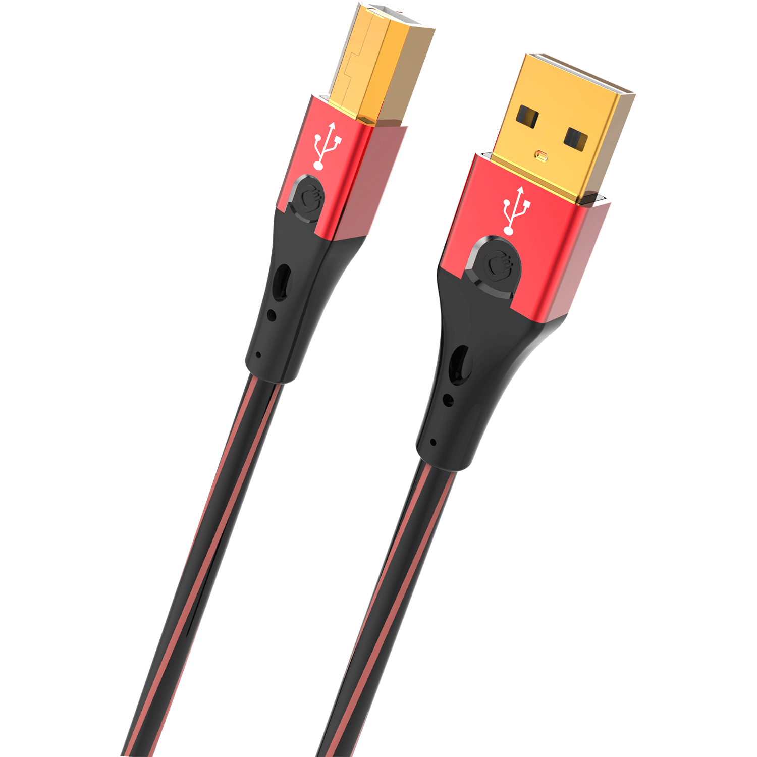 Zwei USB-Kabel mit goldenen Steckern und rot-schwarzen Details.