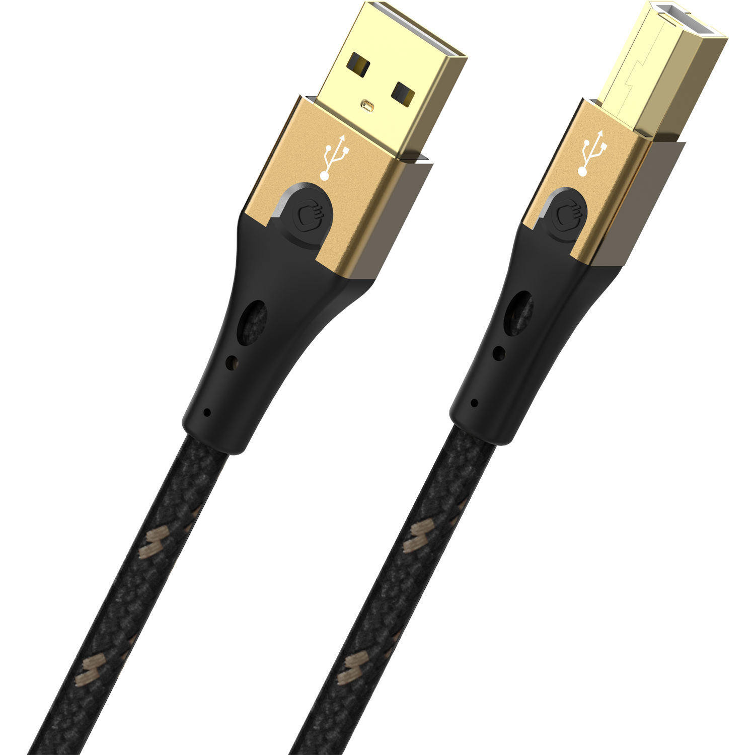 Geflochtene USB-Kabel mit goldenen und schwarzen Steckern.