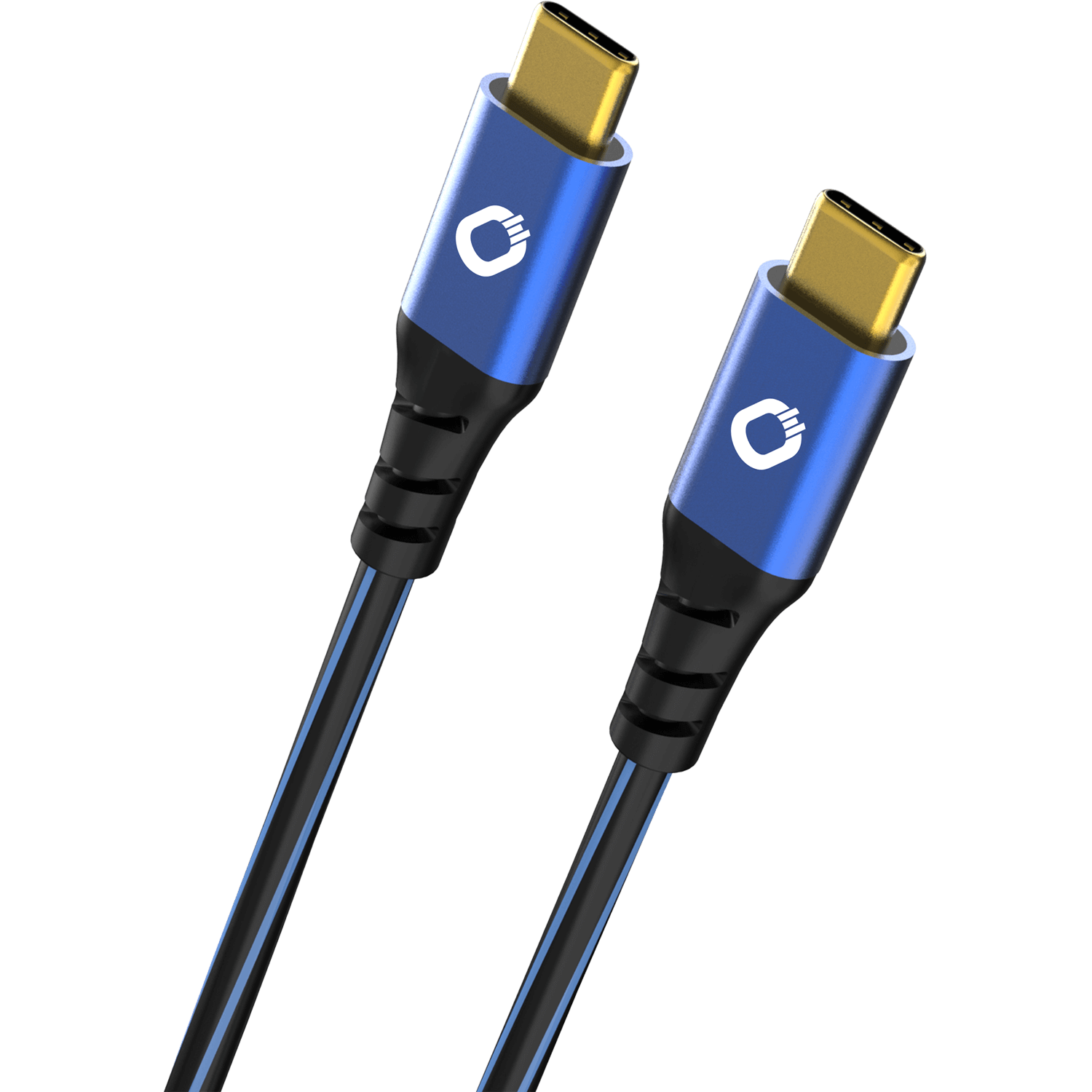 Zwei USB-C-Kabel, blau und schwarz, mit goldfarbenen Steckern.