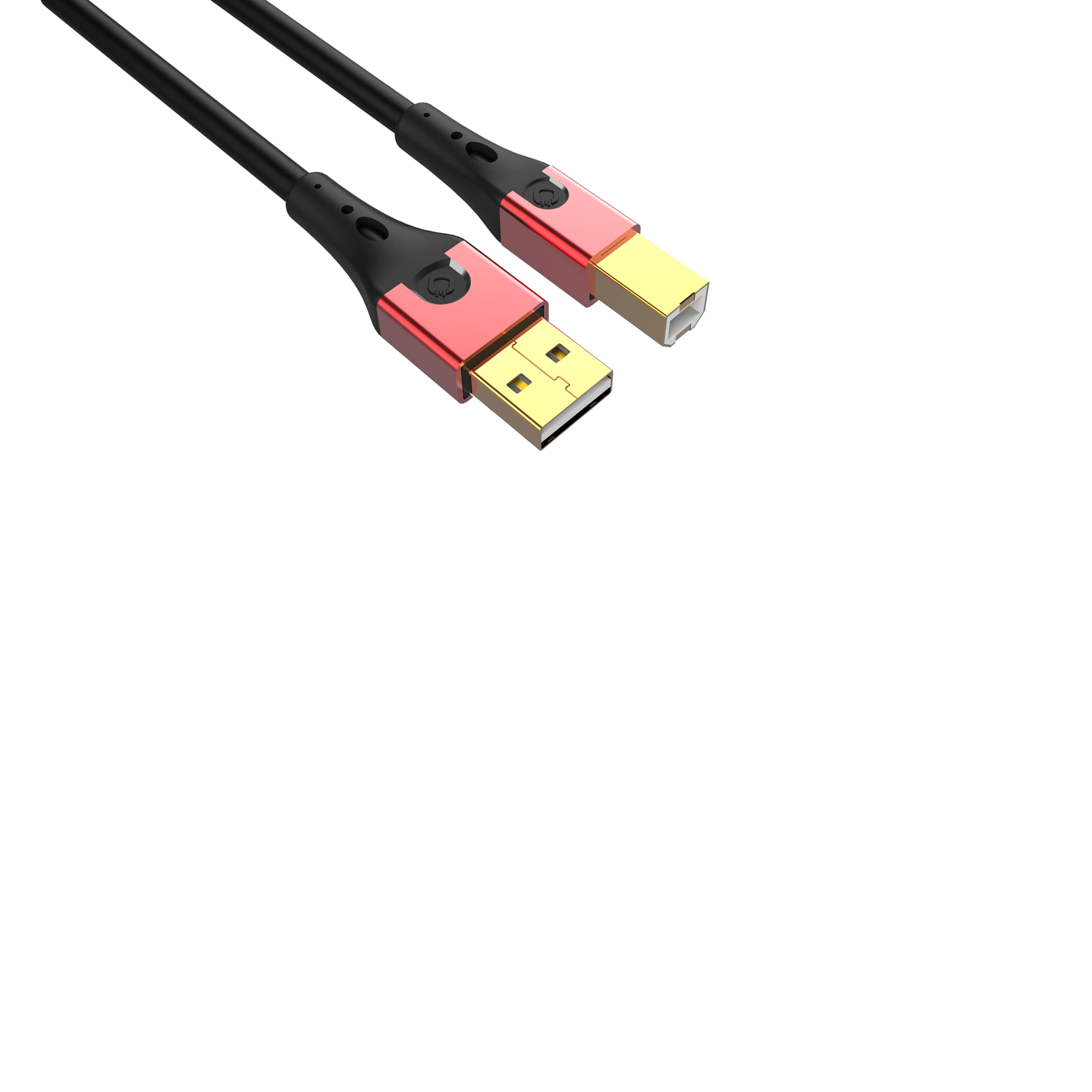 Zwei schwarze und rote USB-Kabel mit goldfarbenen USB-Anschlüssen auf weißem Hintergrund.