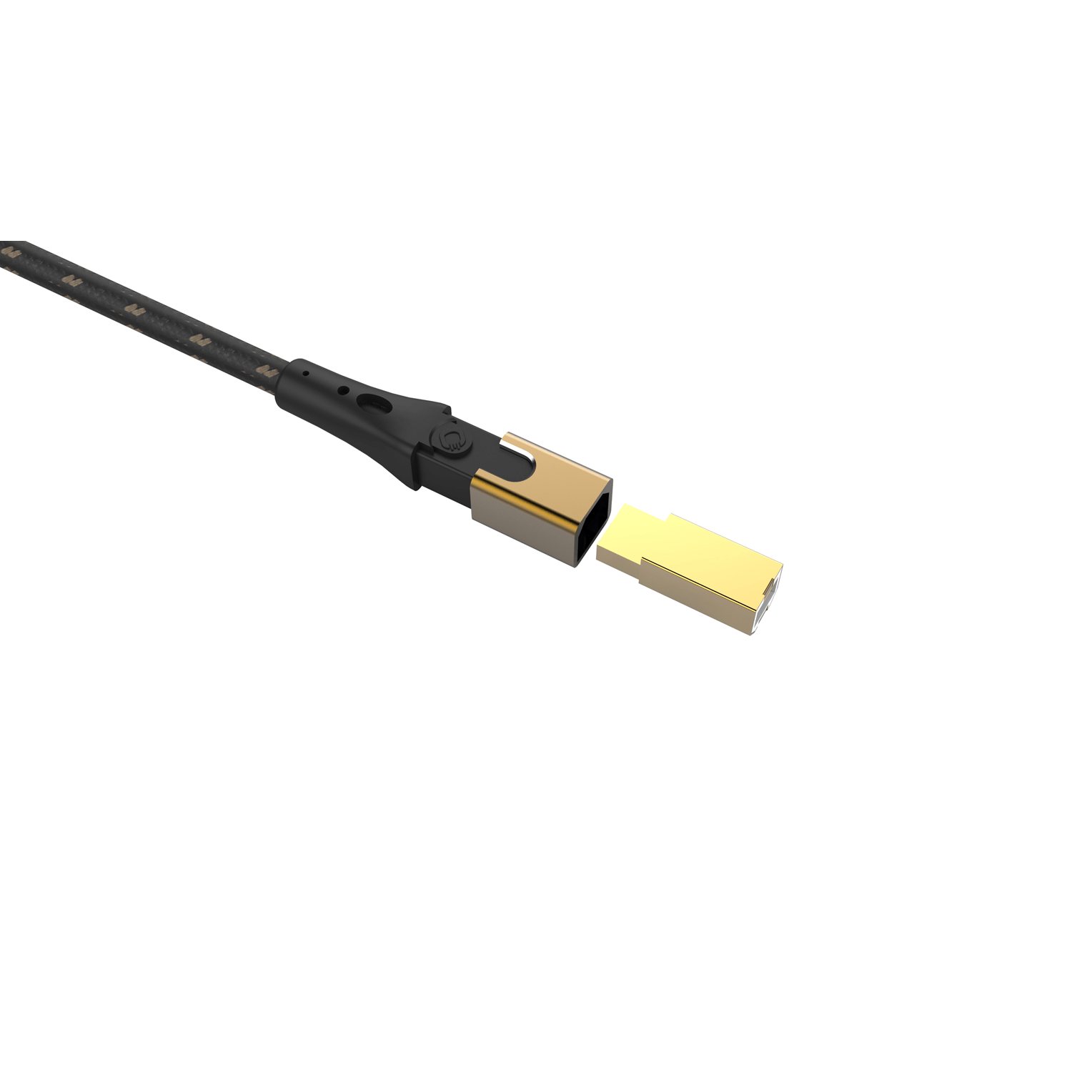 USB-C-Kabelanschluss, schwarz und gold, auf weißem Hintergrund.