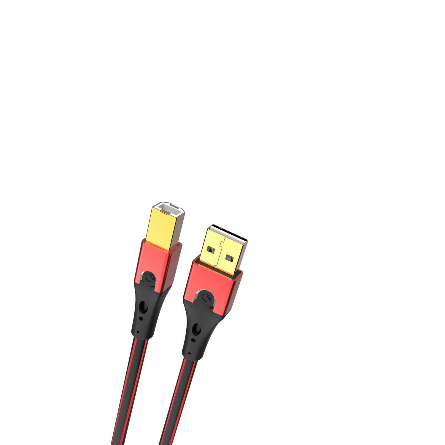 Zwei USB-Kabel. Eines ist rot und schwarz, das andere hat einen goldenen Stecker. Beide auf weißem Hintergrund.