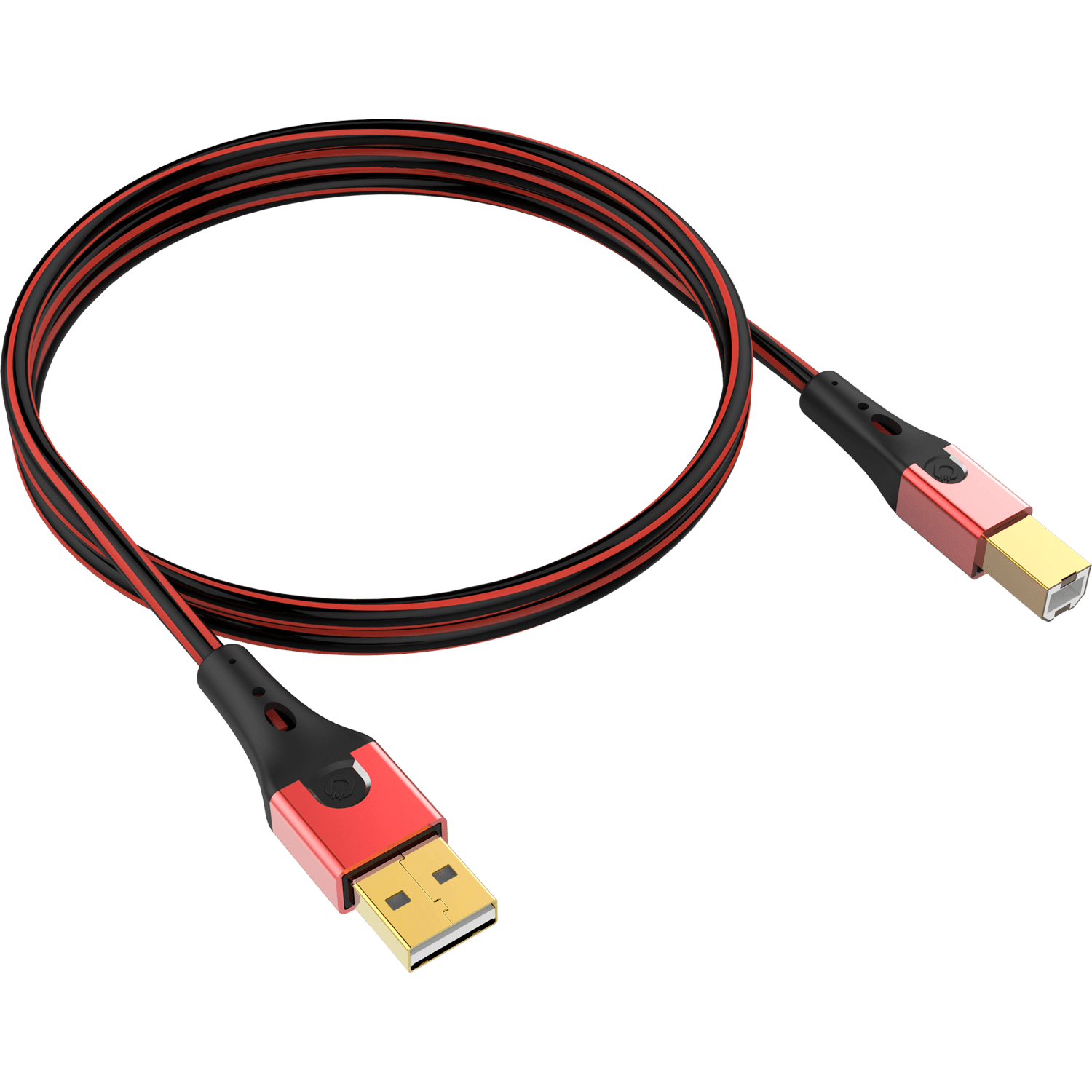 Rotes und schwarzes USB-Kabel mit USB-A- und USB-C-Anschlüssen. Der Hintergrund ist schwarz.
