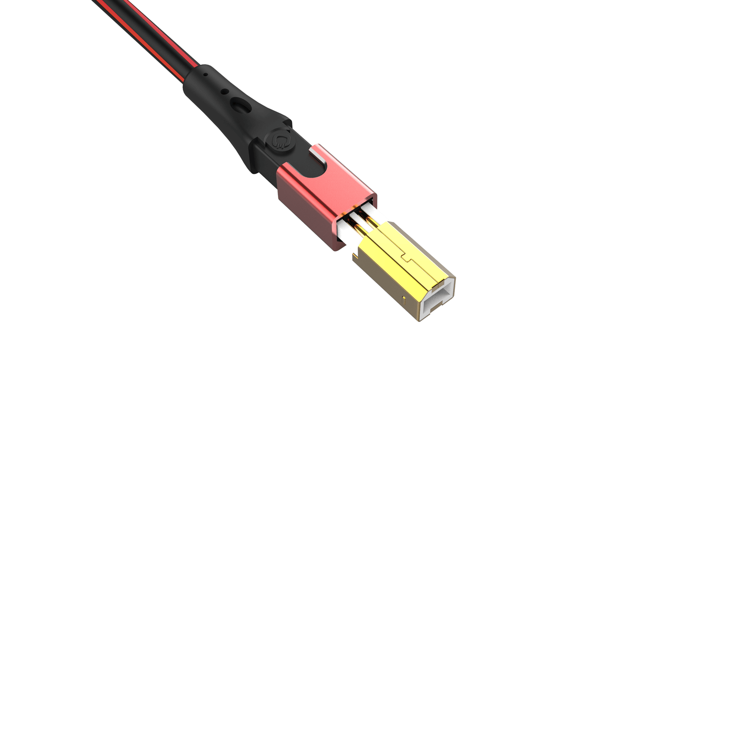 Ein rot-schwarzes Kabel mit einem goldenen USB-Anschluss.