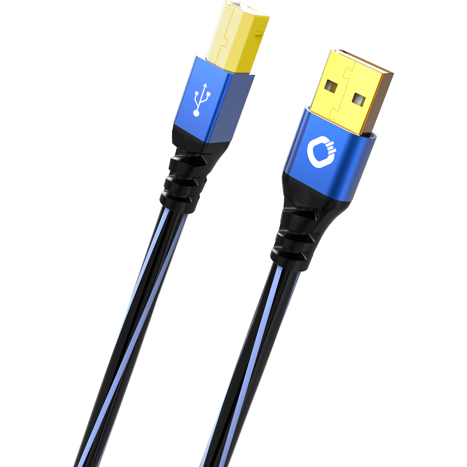 Blaues und schwarzes USB-Kabel mit USB-A- und USB-B-Anschlüssen. Blaue Akzente.