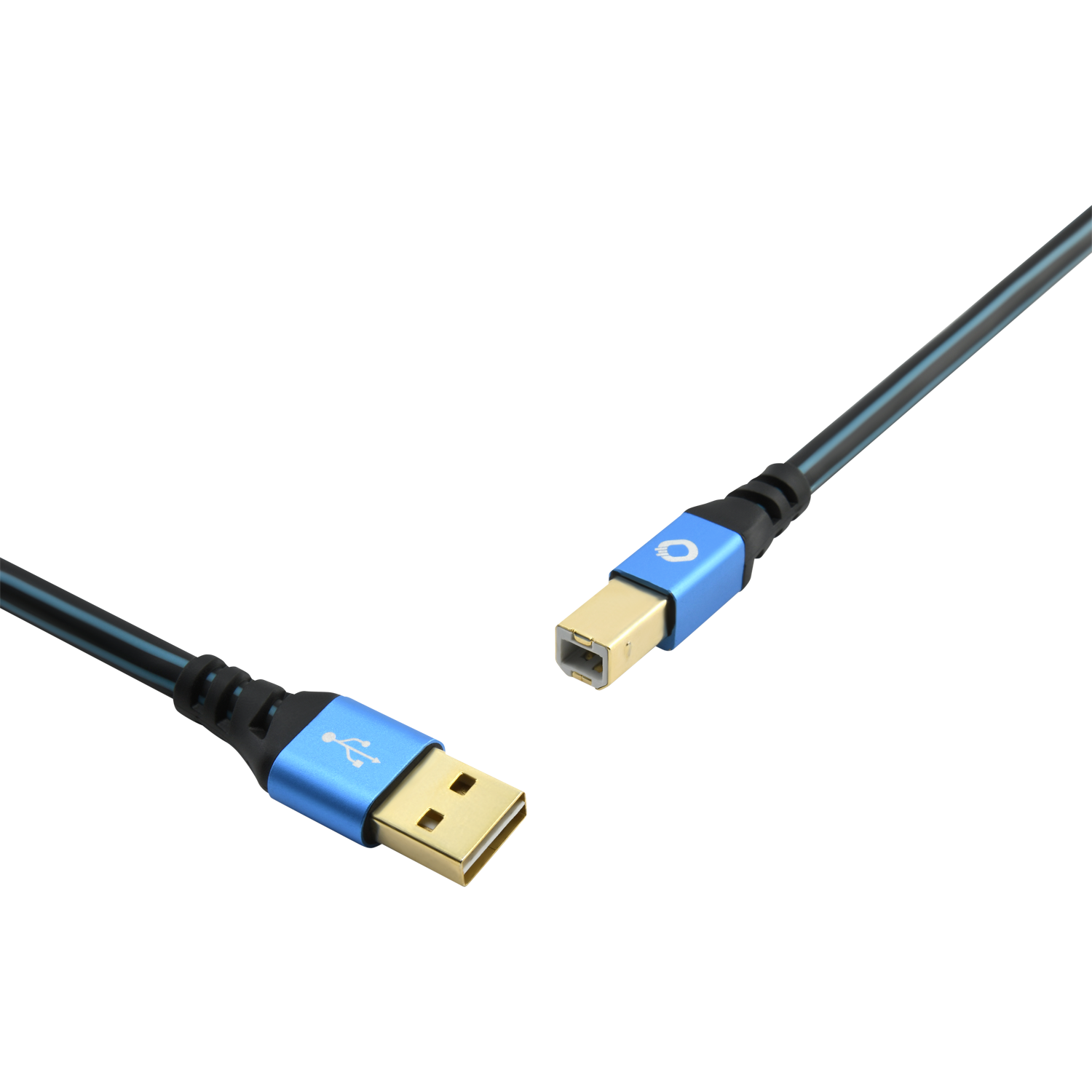 USB-zu-Mini-B-Kabel mit blauen Anschlüssen und schwarzem Kabel. Goldener USB- und Mini-B-Anschluss.