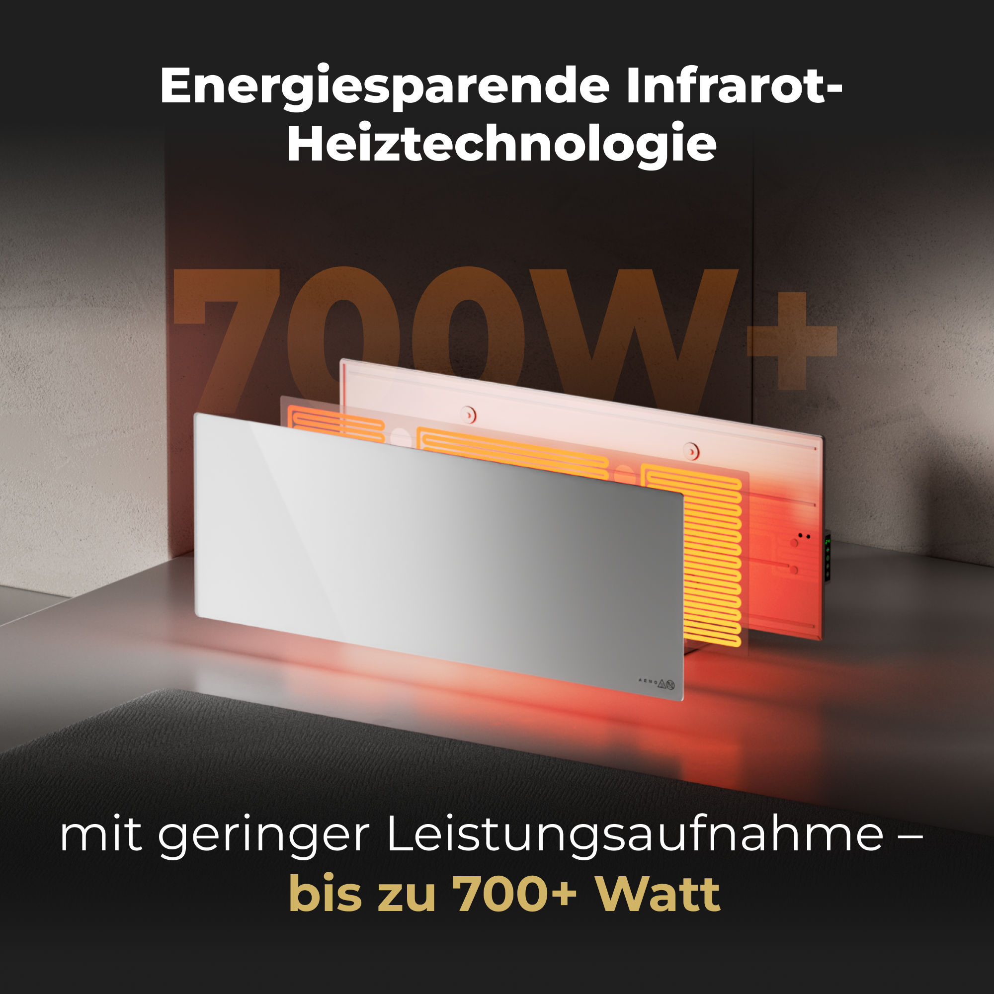 700 GH3S, & AENO energiesparend, Glas, Premium Infrarot-Heizstrahler Smart Boden Wandmontage (700 gehärtetes W, LED-Heizung Watt) Eco