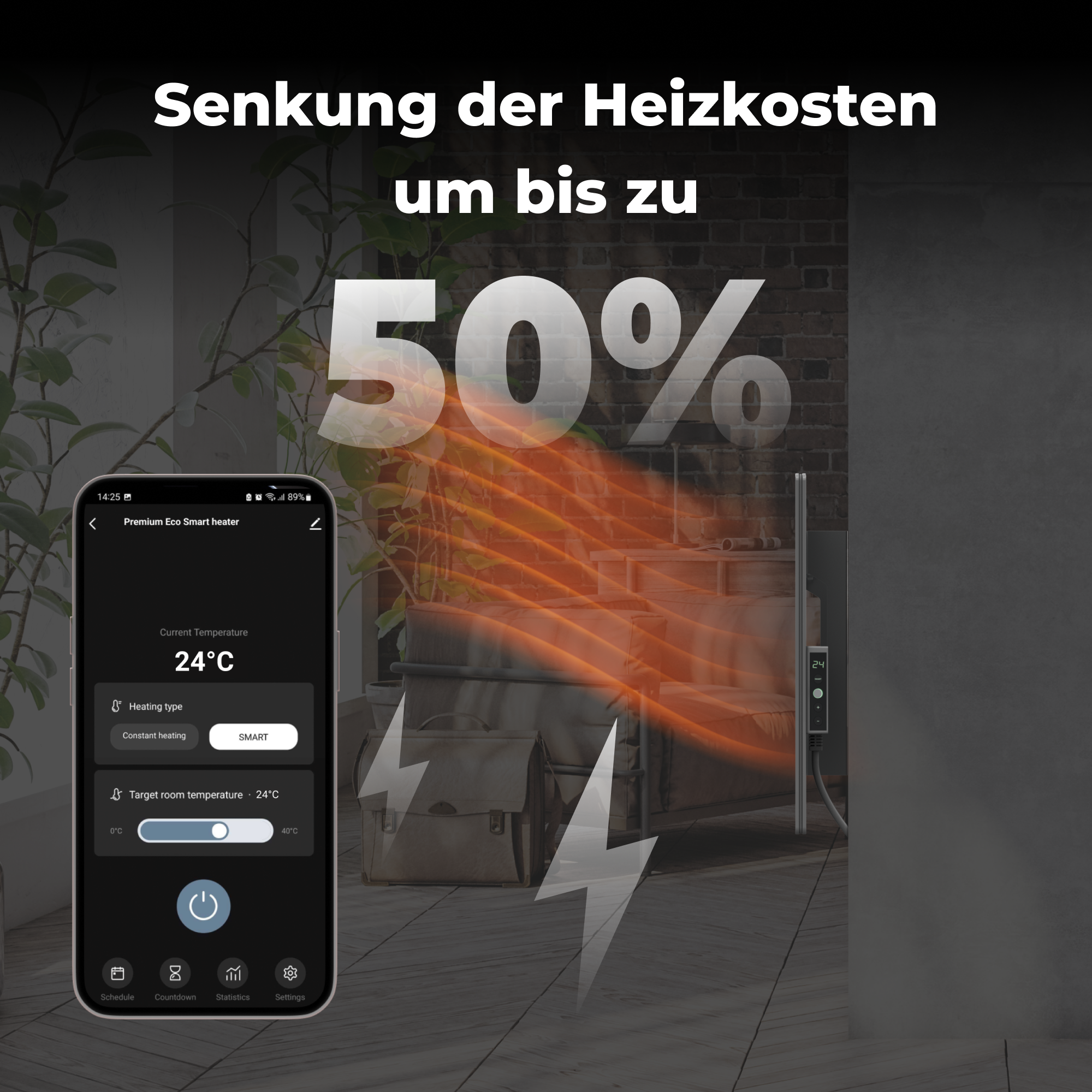 Smartfon pokazujący aplikację grzewczą, z tekstem o oszczędzaniu energii w tle.
