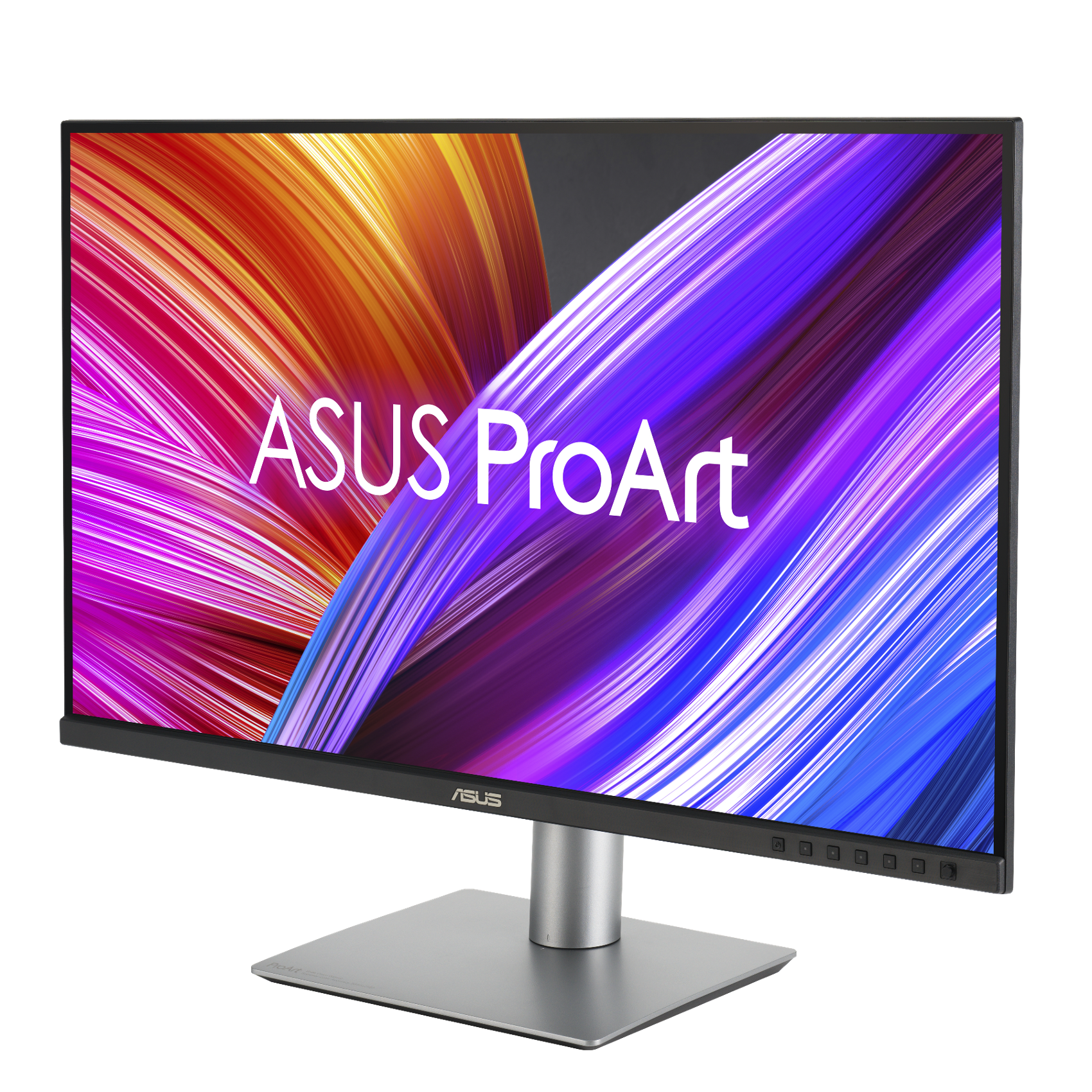 Monitor komputerowy z kolorowym abstrakcyjnym wyświetlaczem, marką ASUS ProArt i metalową podstawą.
