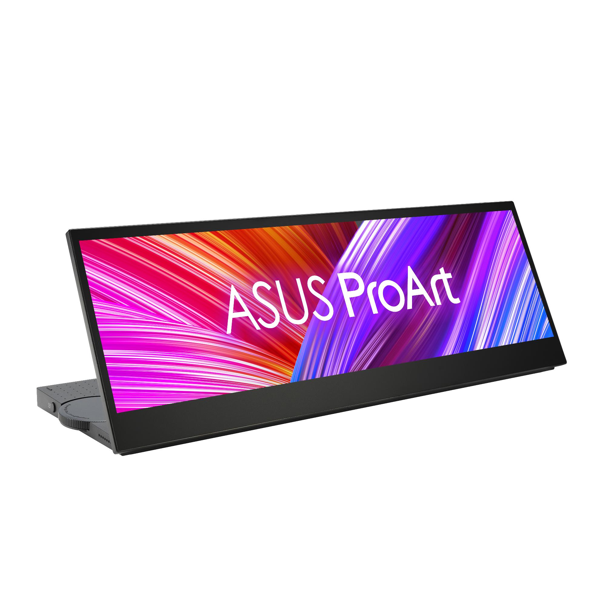 Wyświetlacz Asus ProArt, pod kątem. Ekran wyświetla kolorowy tekst na czarnym tle.