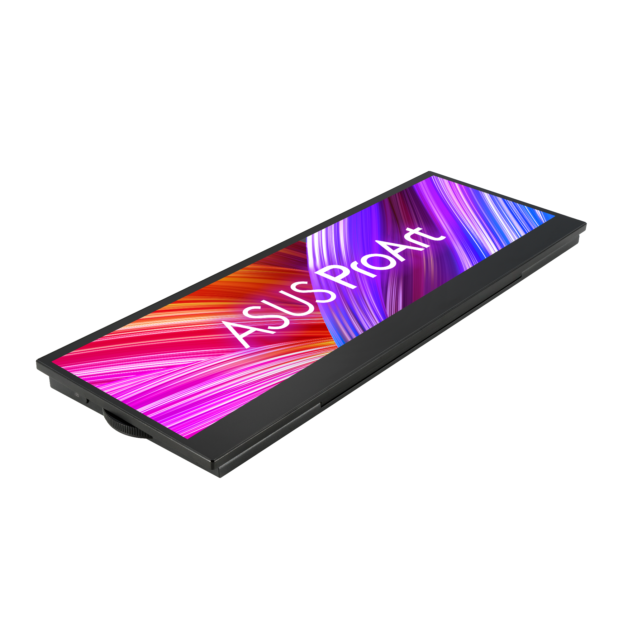 Czarny monitor wyświetlający 'ASUS ProArt' białą czcionką na kolorowym tle gradientowym.