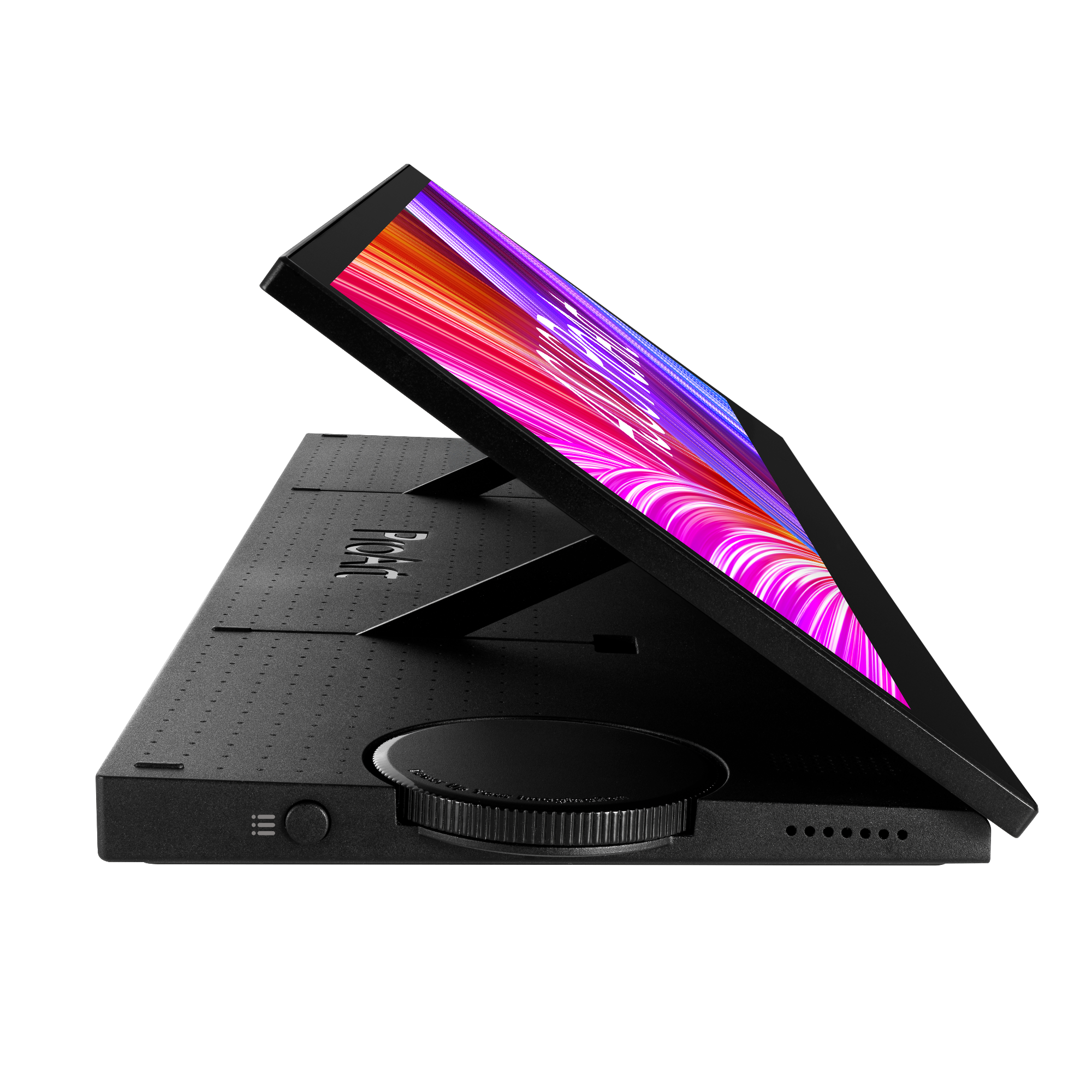 Czarny monitor, pochylony, z kolorowym wyświetlaczem, na czarnej podstawie.