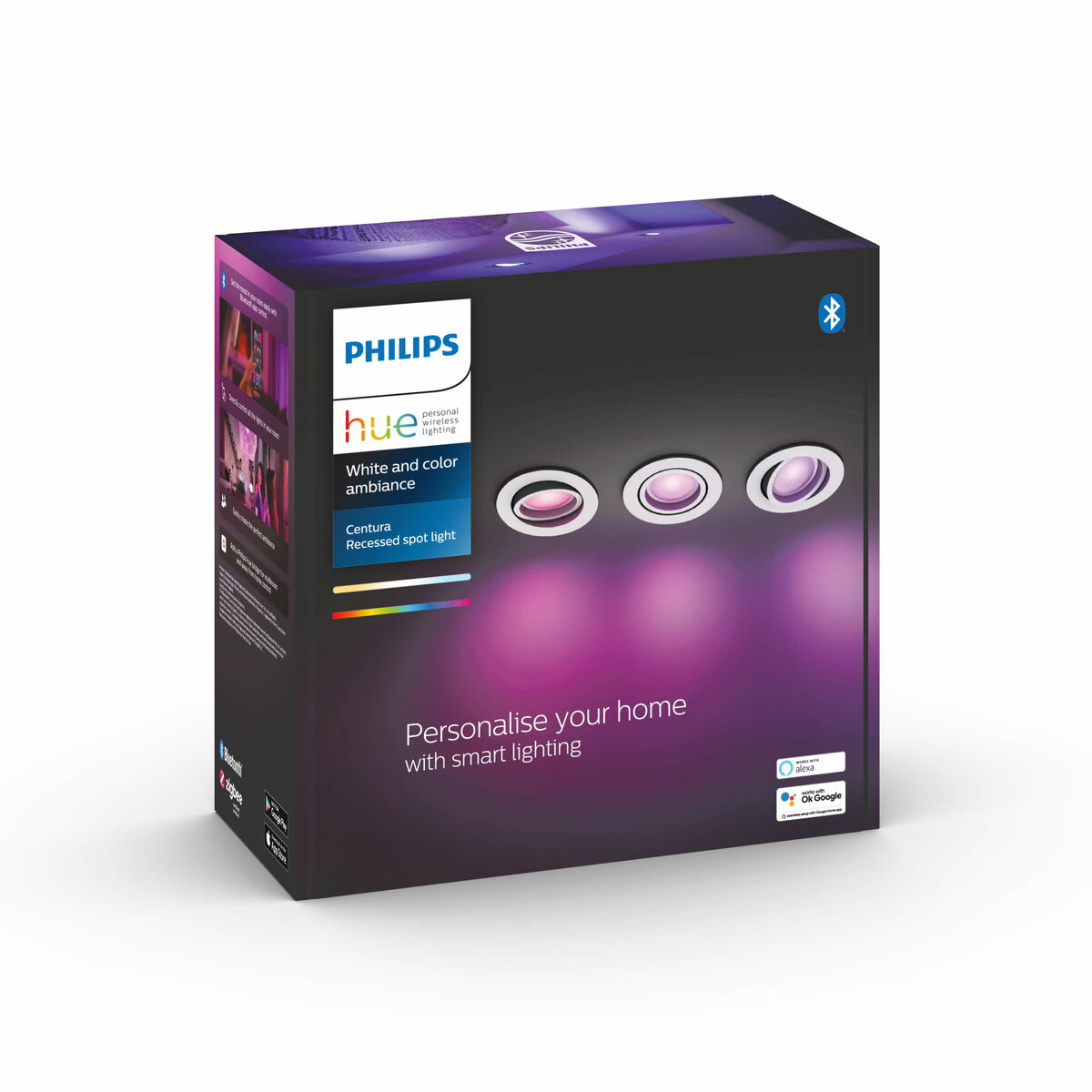 Pacchetto luci intelligenti Philips Hue. La scatola mostra tre faretti a incasso.