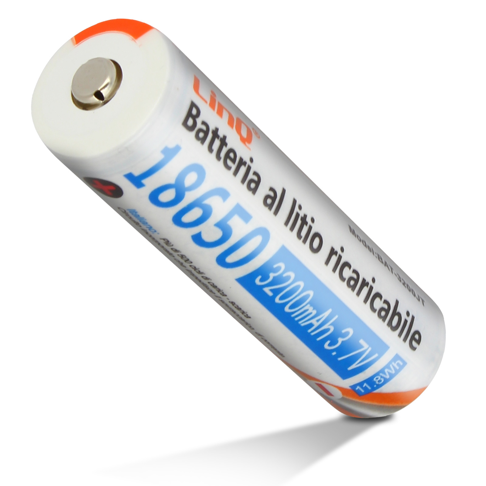 Weiße und blaue 18650 Batterie mit Text.