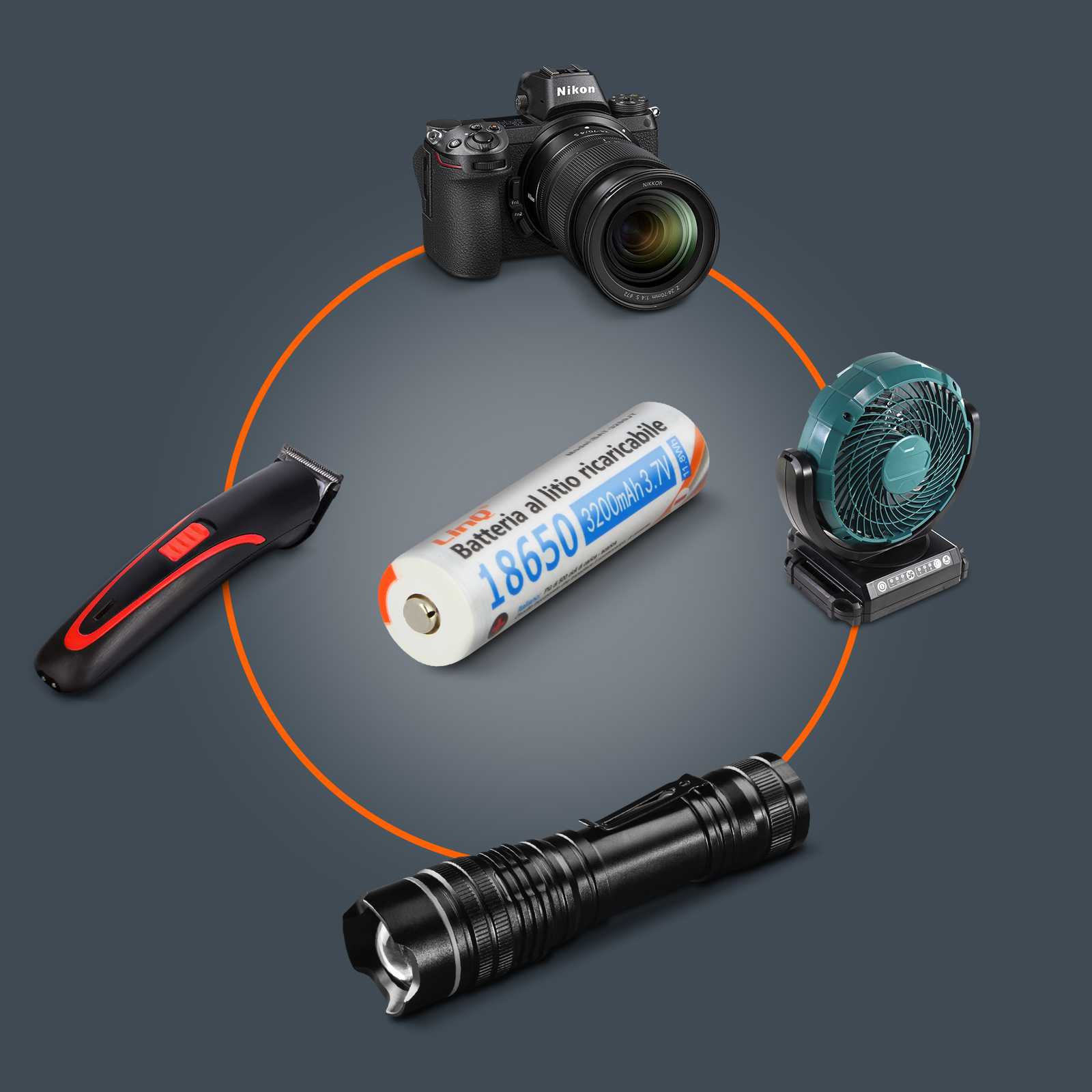 Batterie umgeben von Kamera, Ventilator, Rasierer und Taschenlampe.
