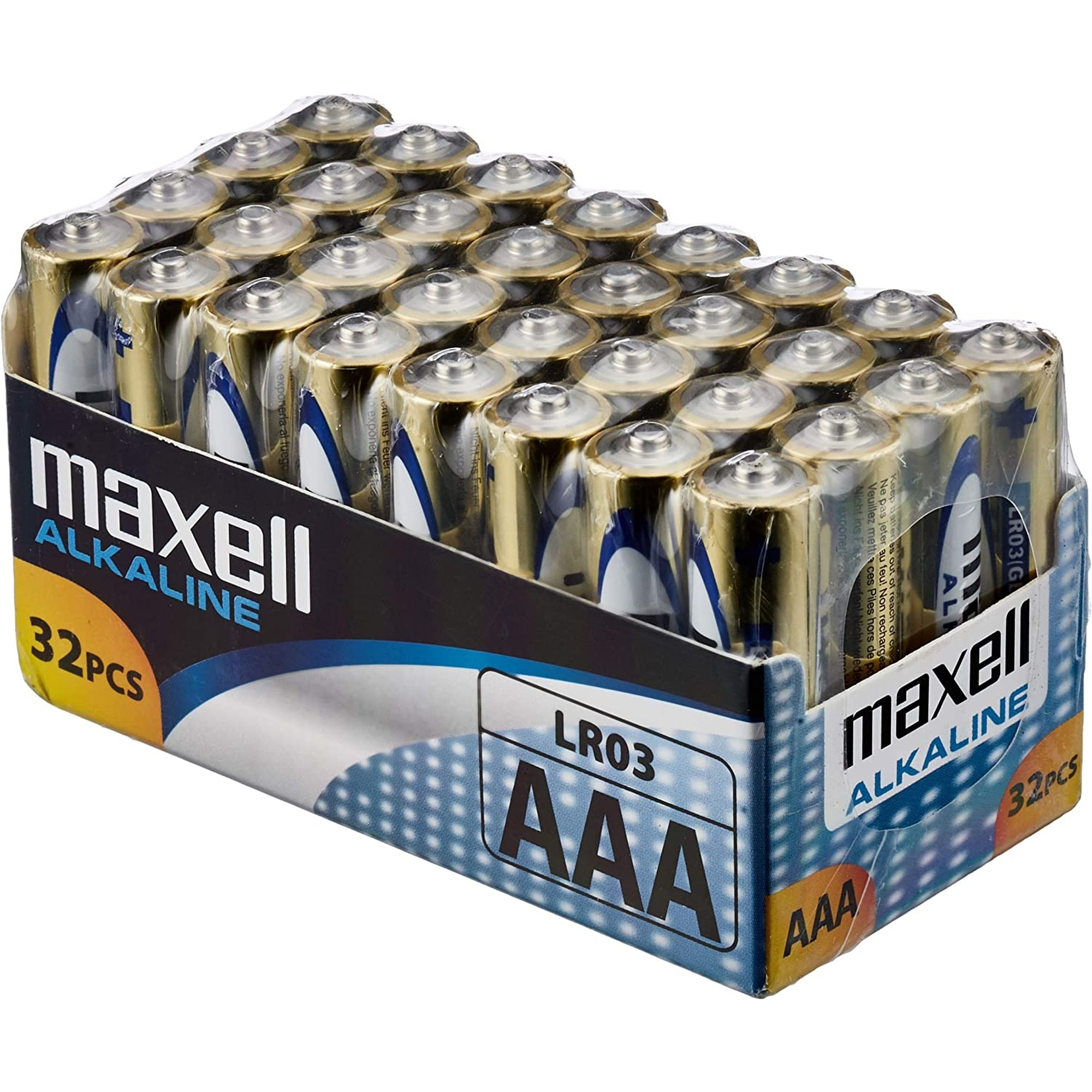 Opakowanie 32 baterii alkalicznych AAA Maxell. Znajdują się w przezroczystym plastikowym pojemniku z logo Maxell.
