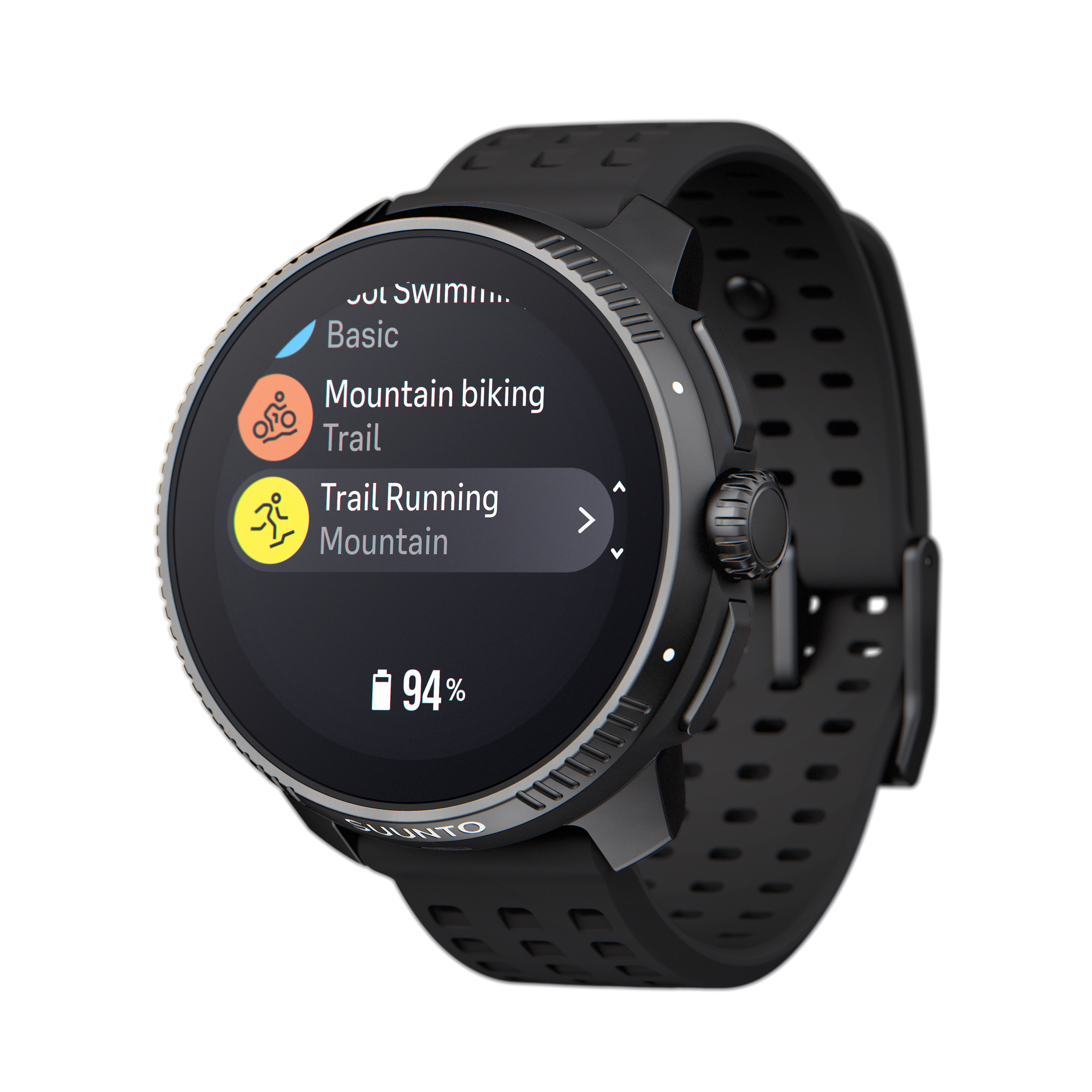 Czarny smartwatch z ekranem dotykowym, pokazujący aktywności sportowe.