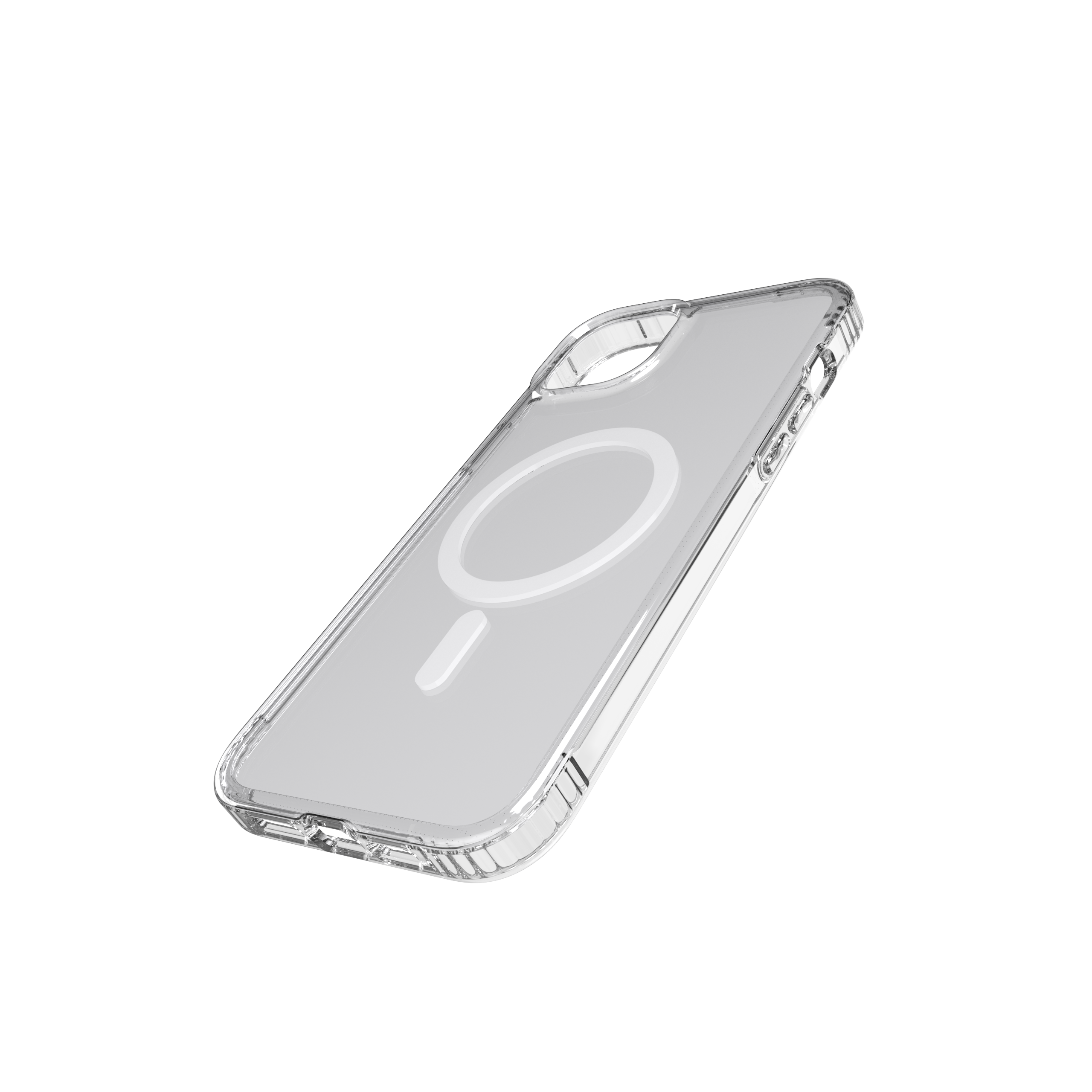 Eine klare, transparente Handyhülle mit einem kreisförmigen Magnetumriss auf der Rückseite.