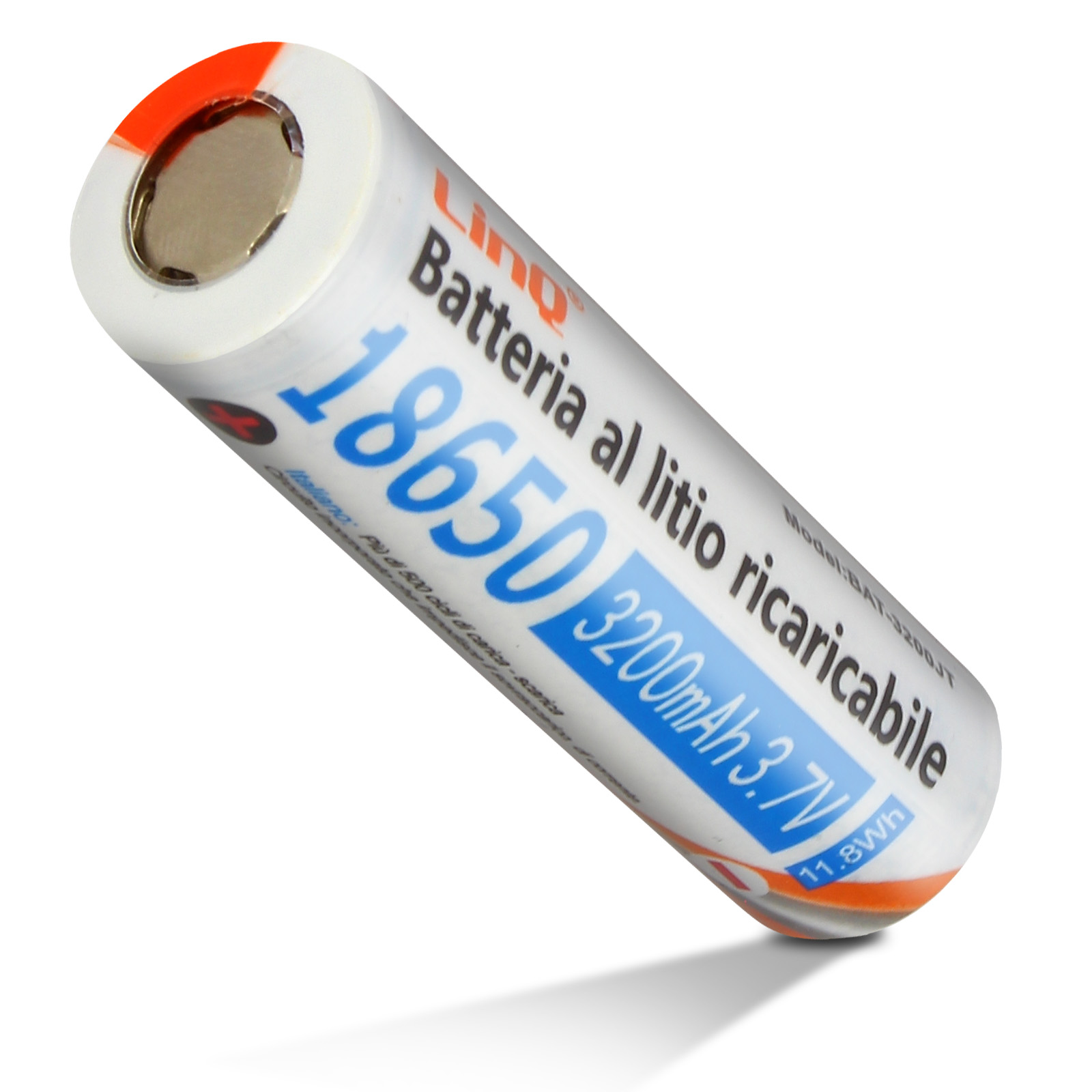 Batteria bianca e blu 18650 3200mAh. Il testo sulla batteria è in italiano.