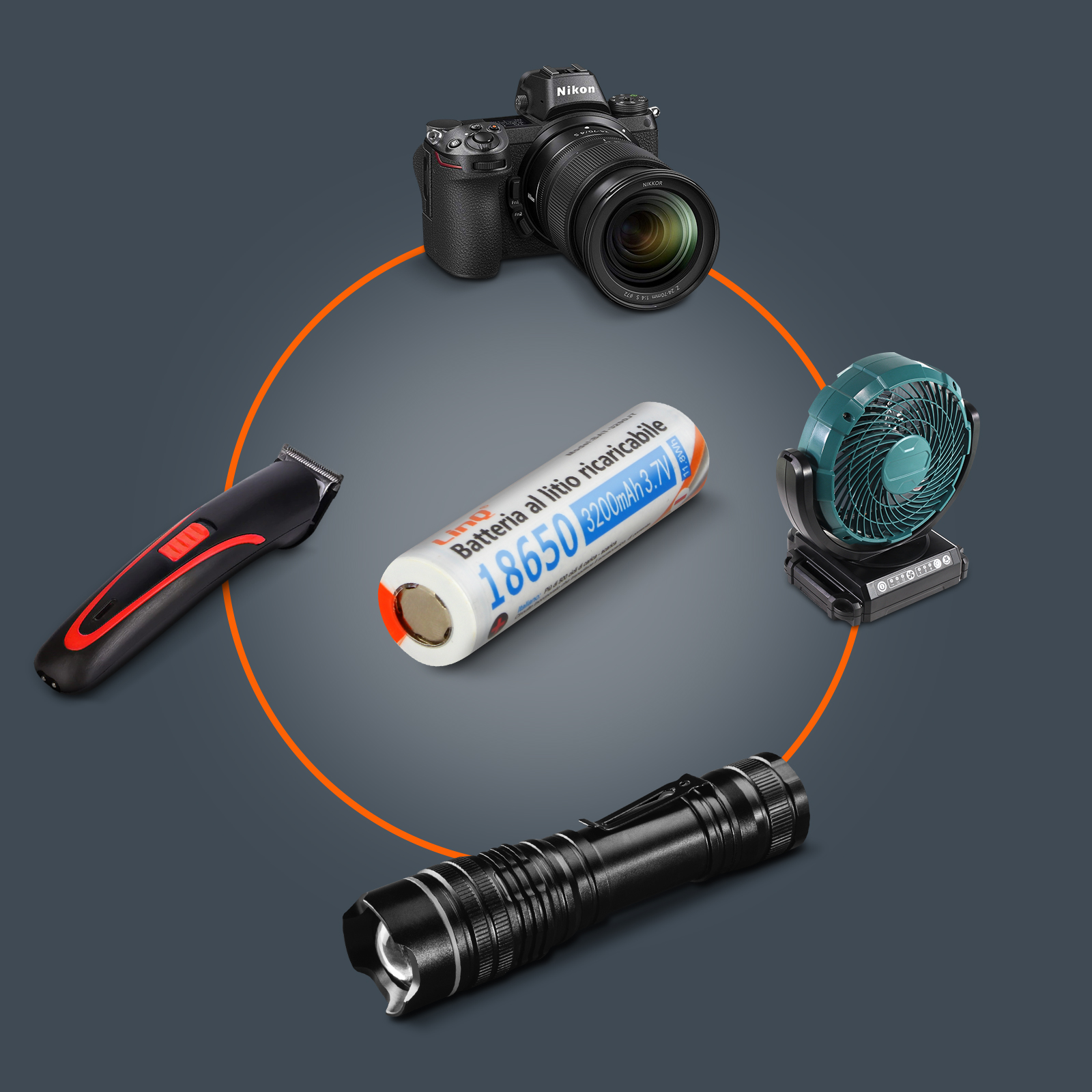 Una disposizione circolare di oggetti: una fotocamera, un ventilatore, una batteria, una torcia e un trimmer.