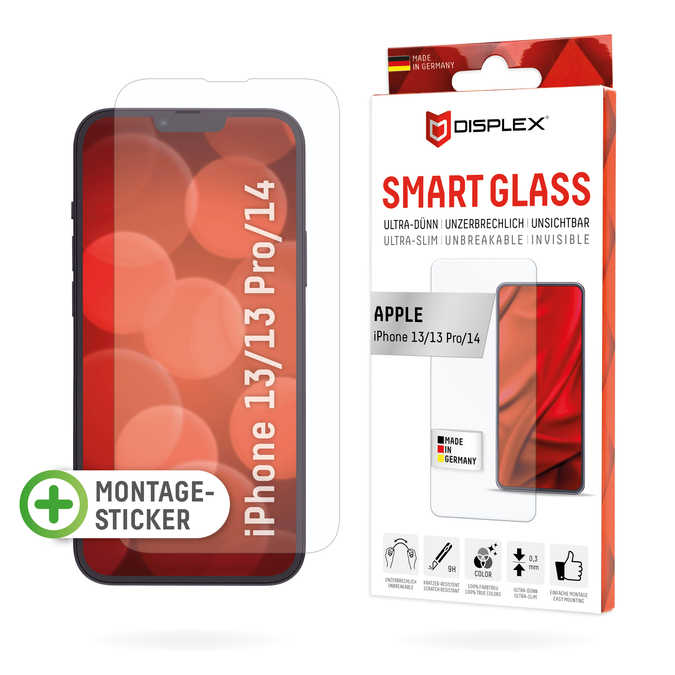Displex schermbeschermer verpakking en glas voor iPhone 13/14 Pro.
