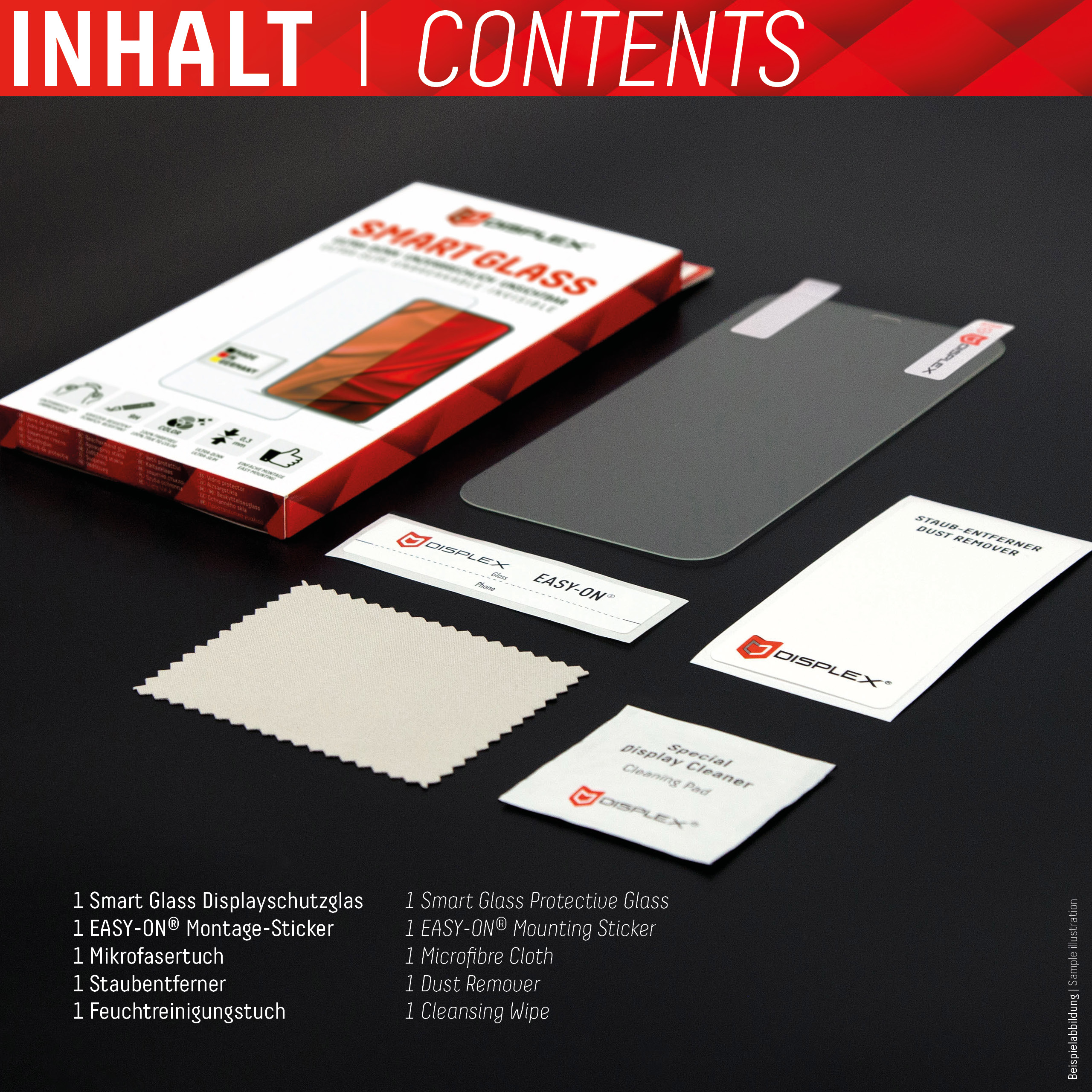 Inhoud van een Smart Glass beschermfolie kit met Duitse tekst. Scherm, doekjes en stickers zichtbaar.