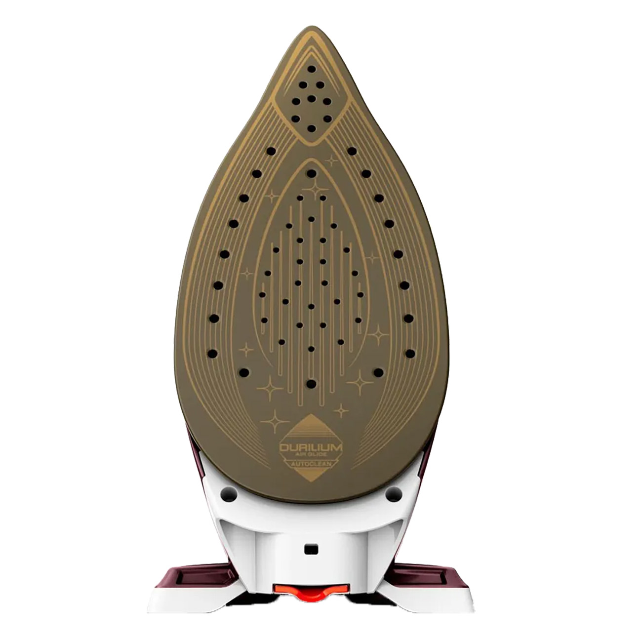 Piastra del ferro da stiro, marrone con fori, su base bianca. Marca: Durilium Autoclean.