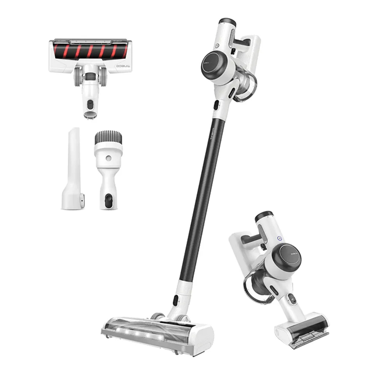 White cordless vacuum cleaner with multiple attachments. Various parts are arranged around the main body.