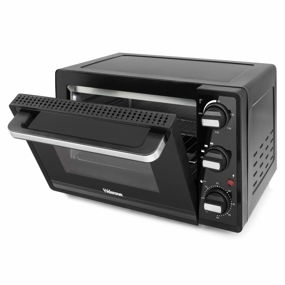 Forno tostapane nero, aperto, che mostra l'interno e i controlli.