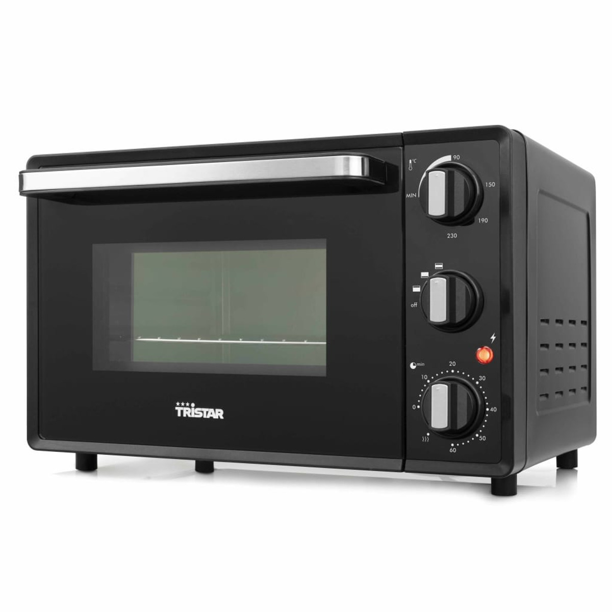 Forno Tristar nero, vista frontale, manopole e controlli visibili. Porta a vetri, sfondo bianco.