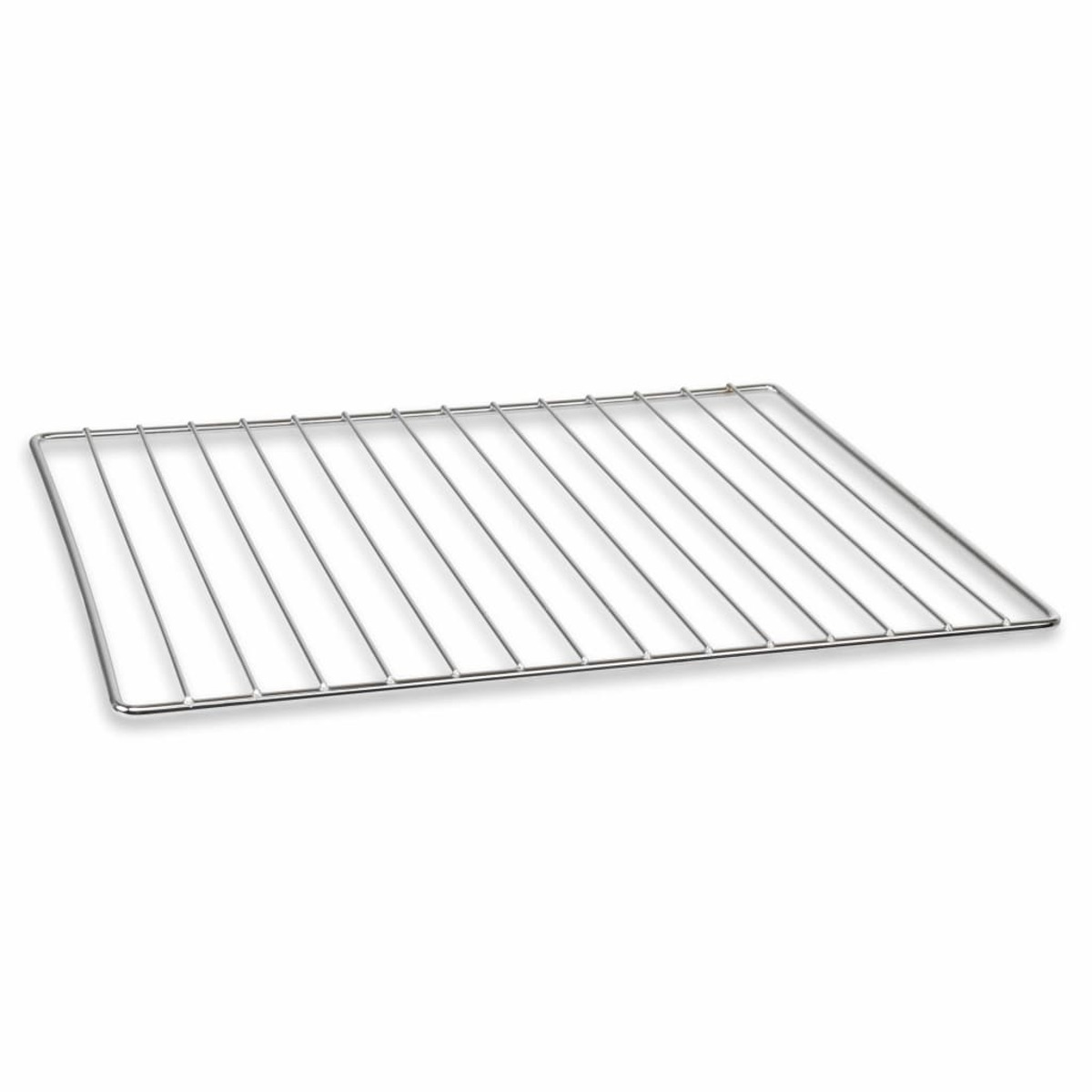 Una griglia per forno in acciaio inossidabile, rettangolare e fatta di aste parallele, su sfondo bianco.