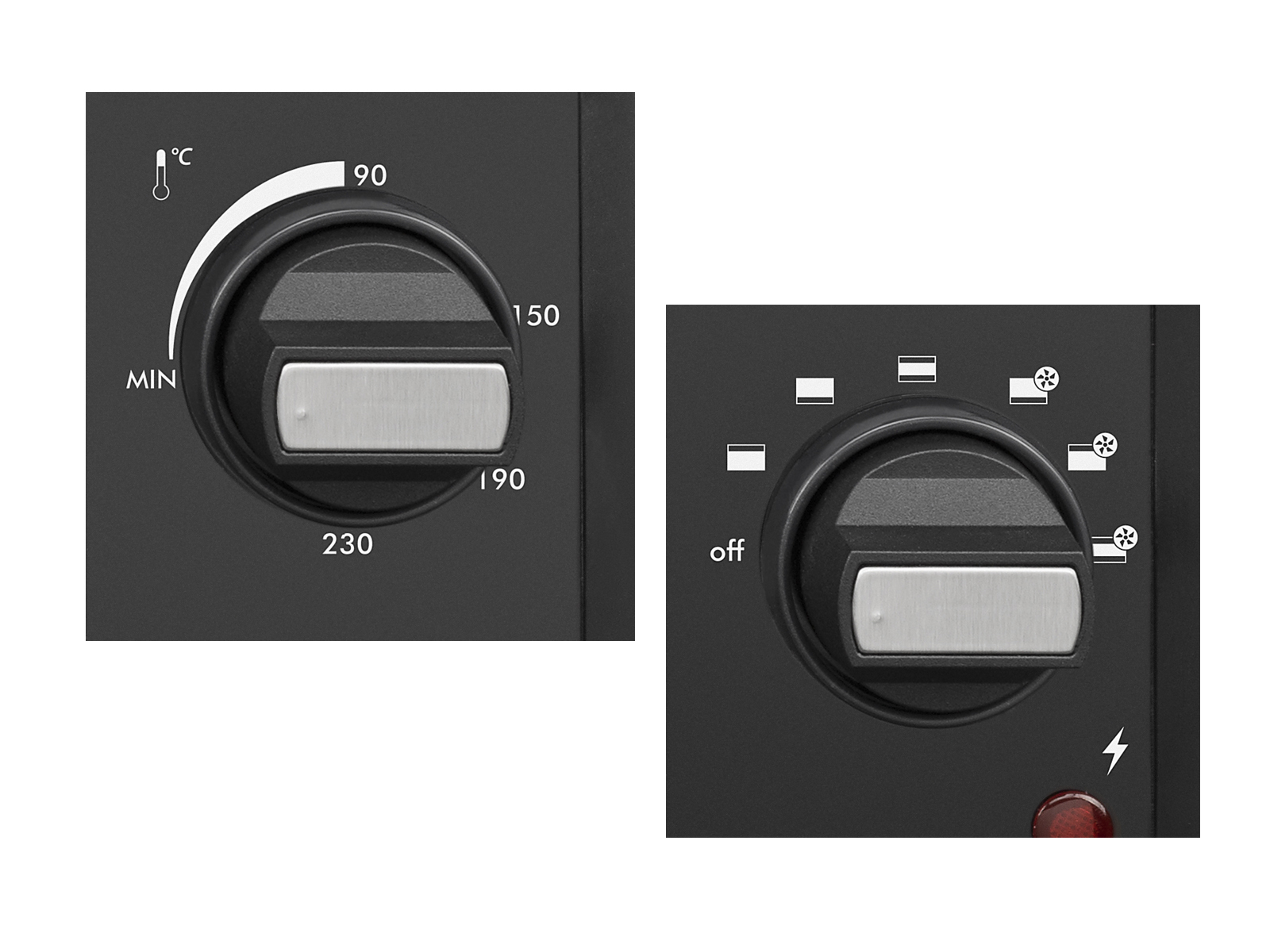 Primer plano de los diales del horno. Uno muestra los ajustes de temperatura, el otro muestra funciones del horno como el grill.