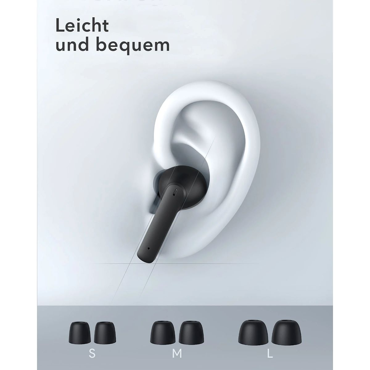 Ohrhörer in einem Ohrmodell mit verschiedenen Größen und dem Text: Leicht und bequem.