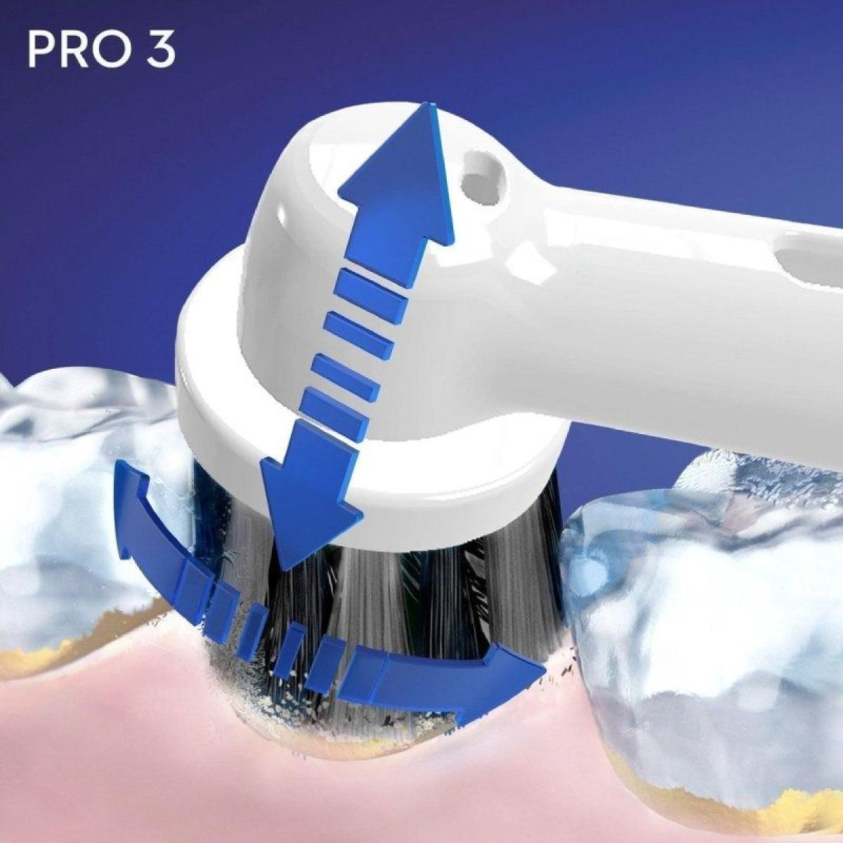 Primer plano del cabezal del cepillo de dientes. Flechas azules indican acción de limpieza en los dientes.