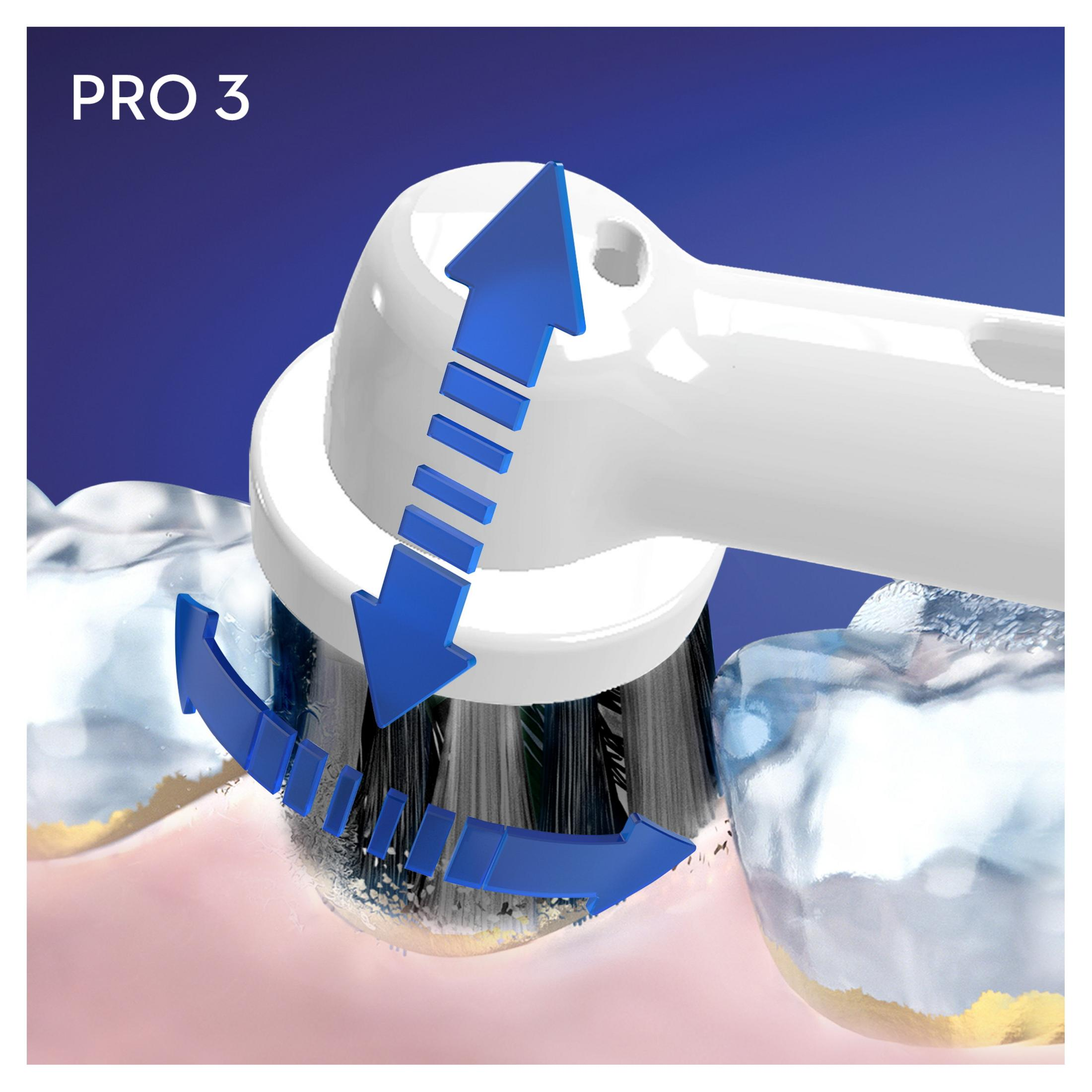 Cabezal cepillo dientes Oral-B Pro 3, mostrando movimiento limpieza en dientes. Flechas azules indican movimiento.