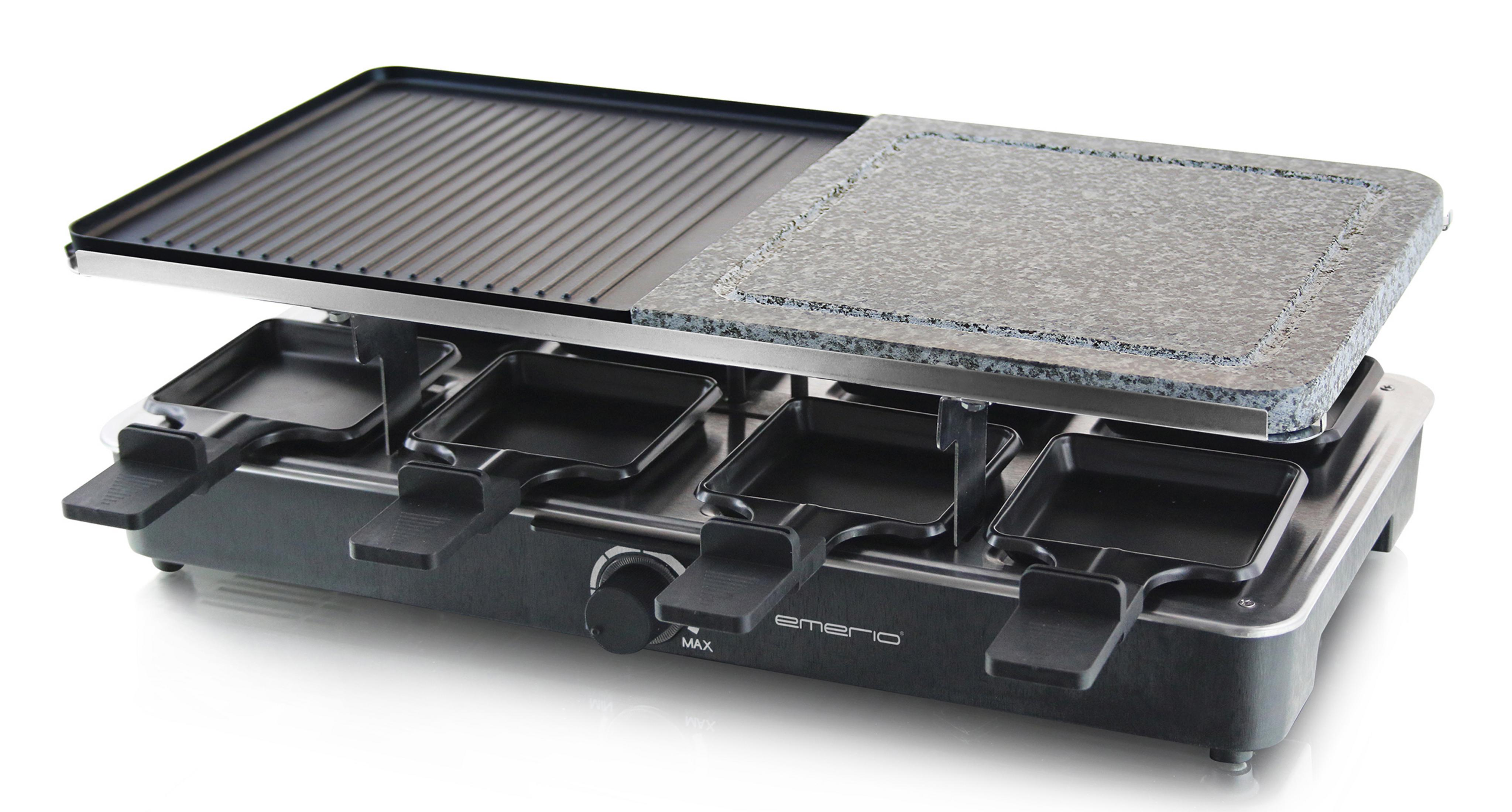 Raclette-Grill mit vier Pfannen und einem Steingrill. Schwarz und Silber. Weißer Hintergrund.