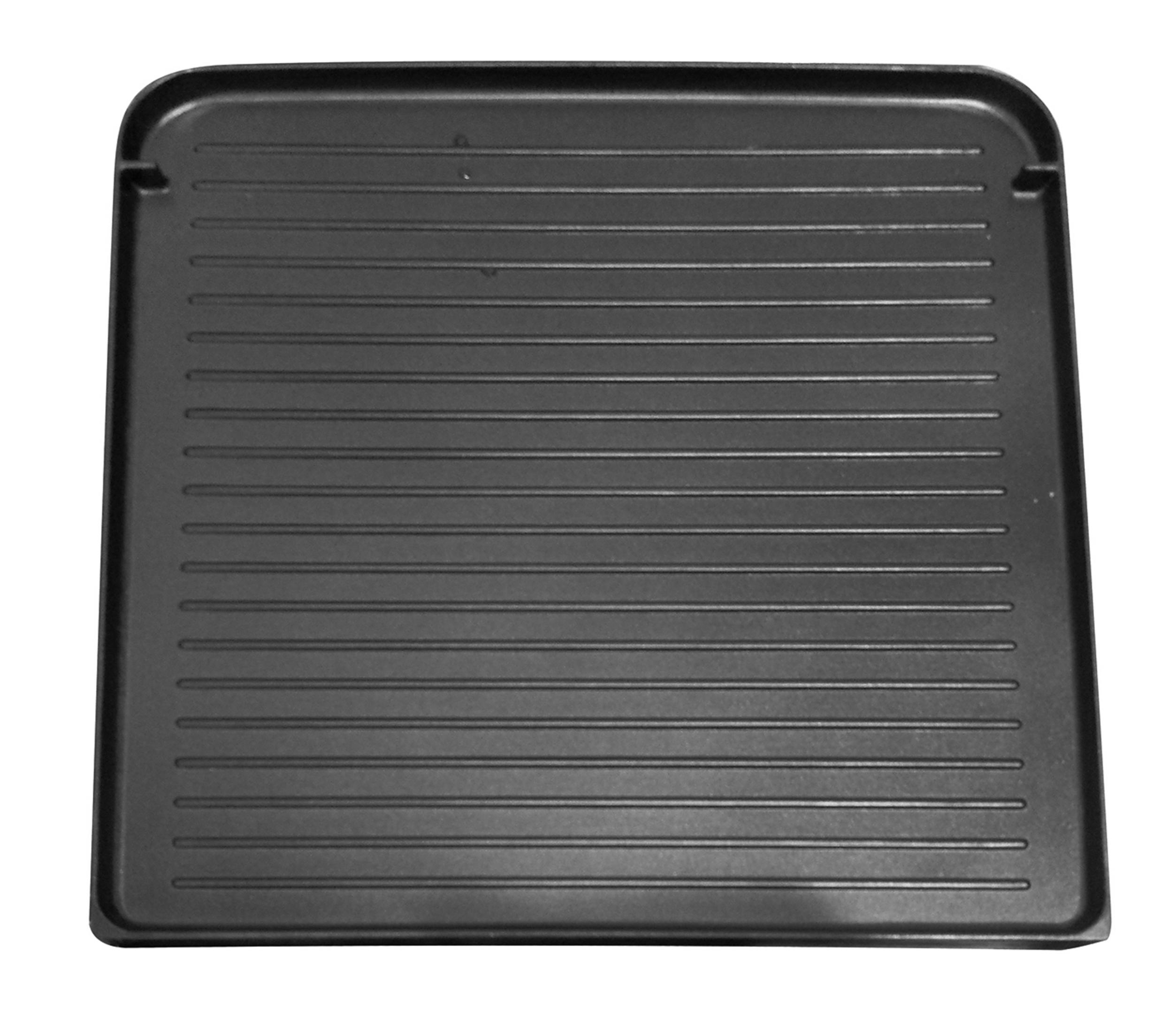 Schwarze Grillpfanne mit Rippen. Horizontale Rillen, rechteckige Form, Draufsicht.