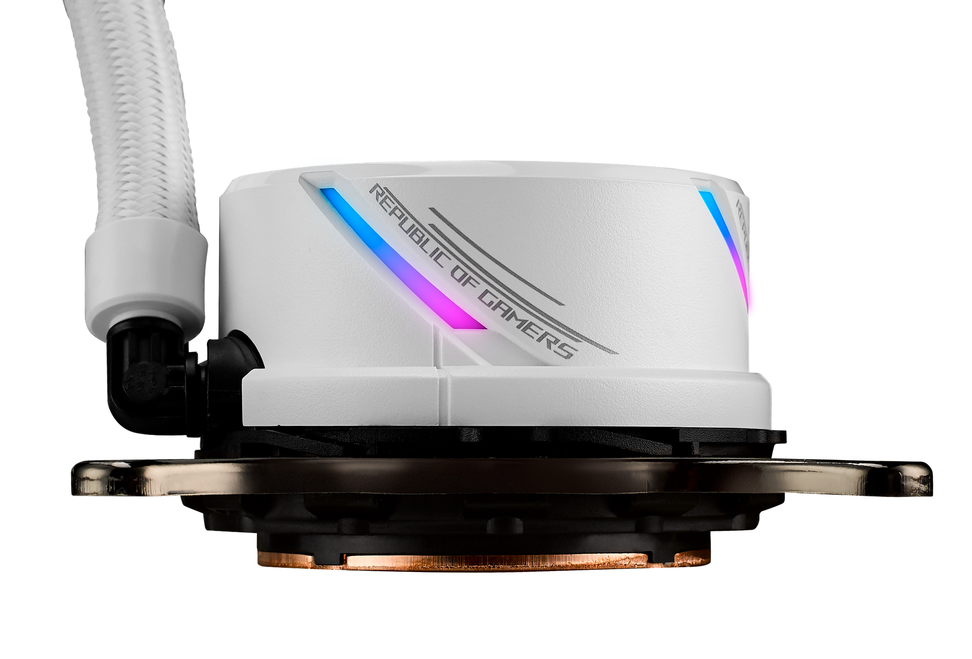 Una unidad de refrigeración blanca para computadora con el logotipo de Republic of Gamers. Fondo negro.