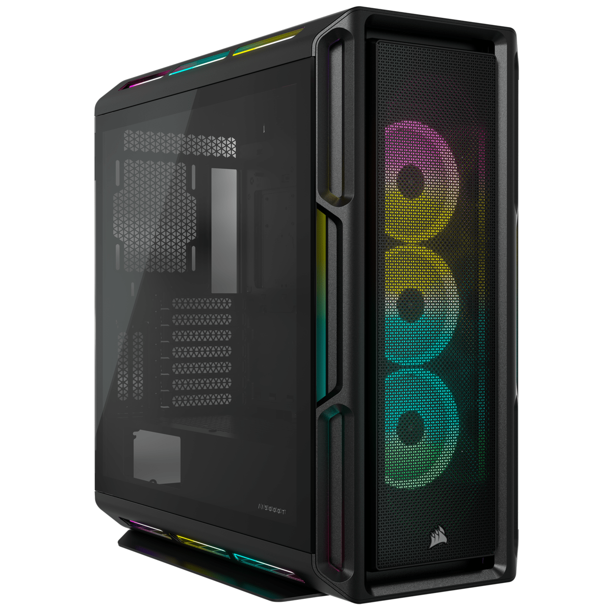 A black computer case featuring a glass side panel and RGB lighting.