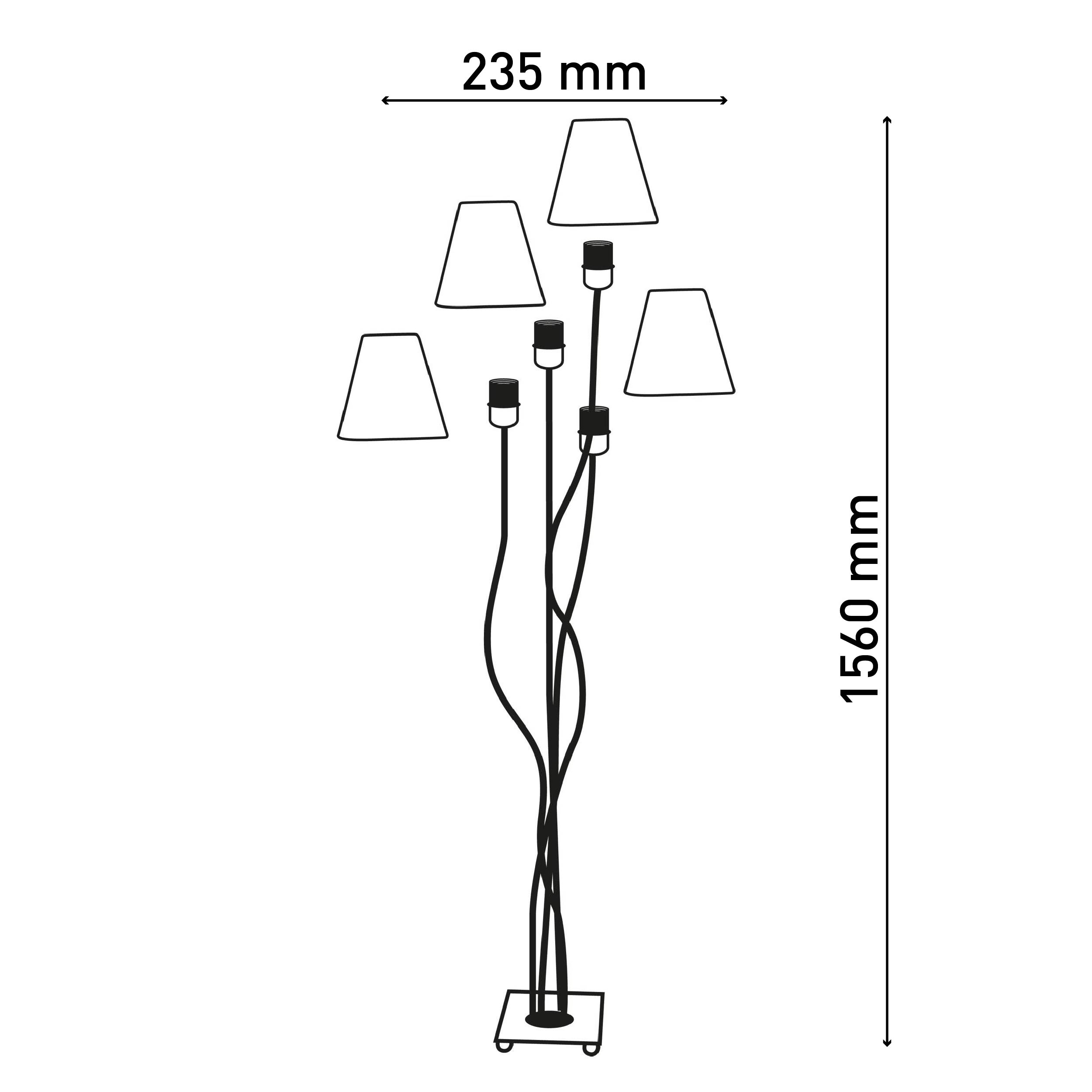 Fünf-Lampen-Stehleuchte Zeichnung. Abmessungen: 235 mm breit, 1560 mm hoch. Schwarzer Stiel, weiße Lampenschirme.