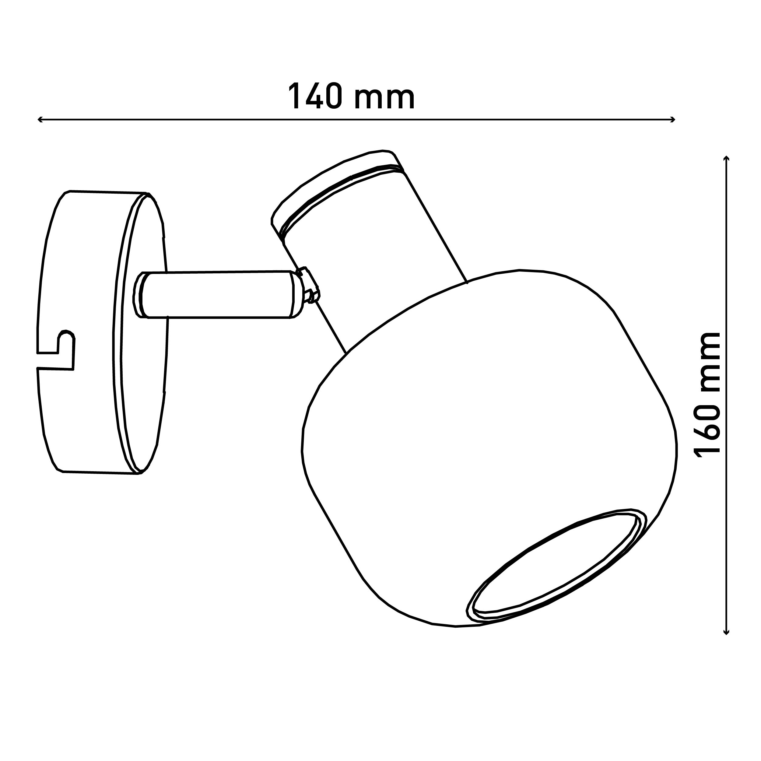 Strichzeichnung eines Strahlers mit Abmessungen in mm: 140 mm Breite, 160 mm Höhe. Weißer Hintergrund.