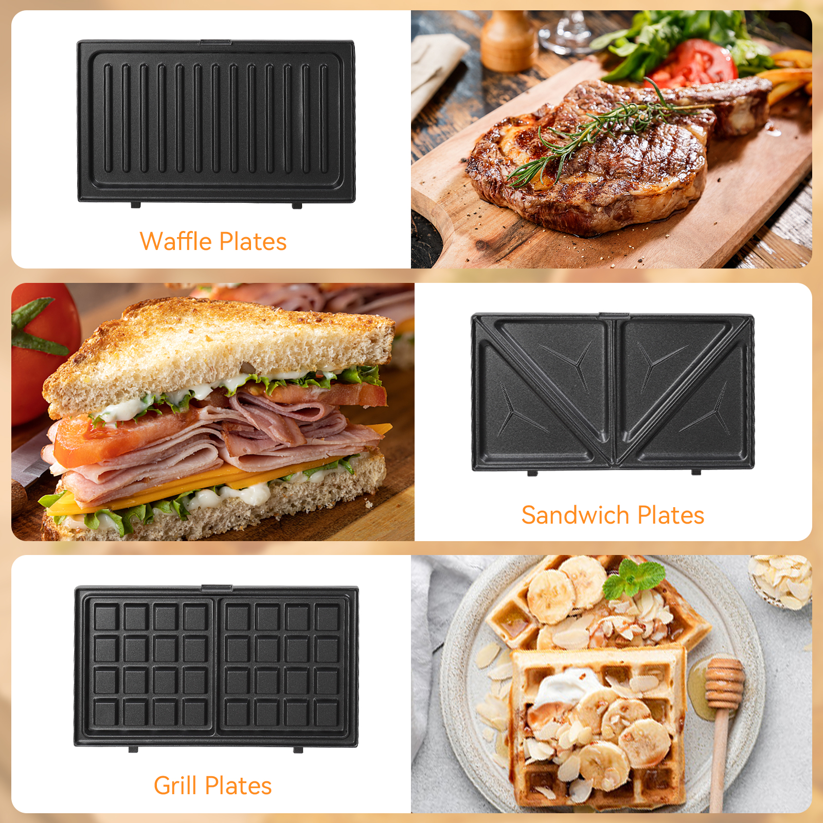 Imágenes: planchas de gofres, bistec, planchas sándwich, gofres.