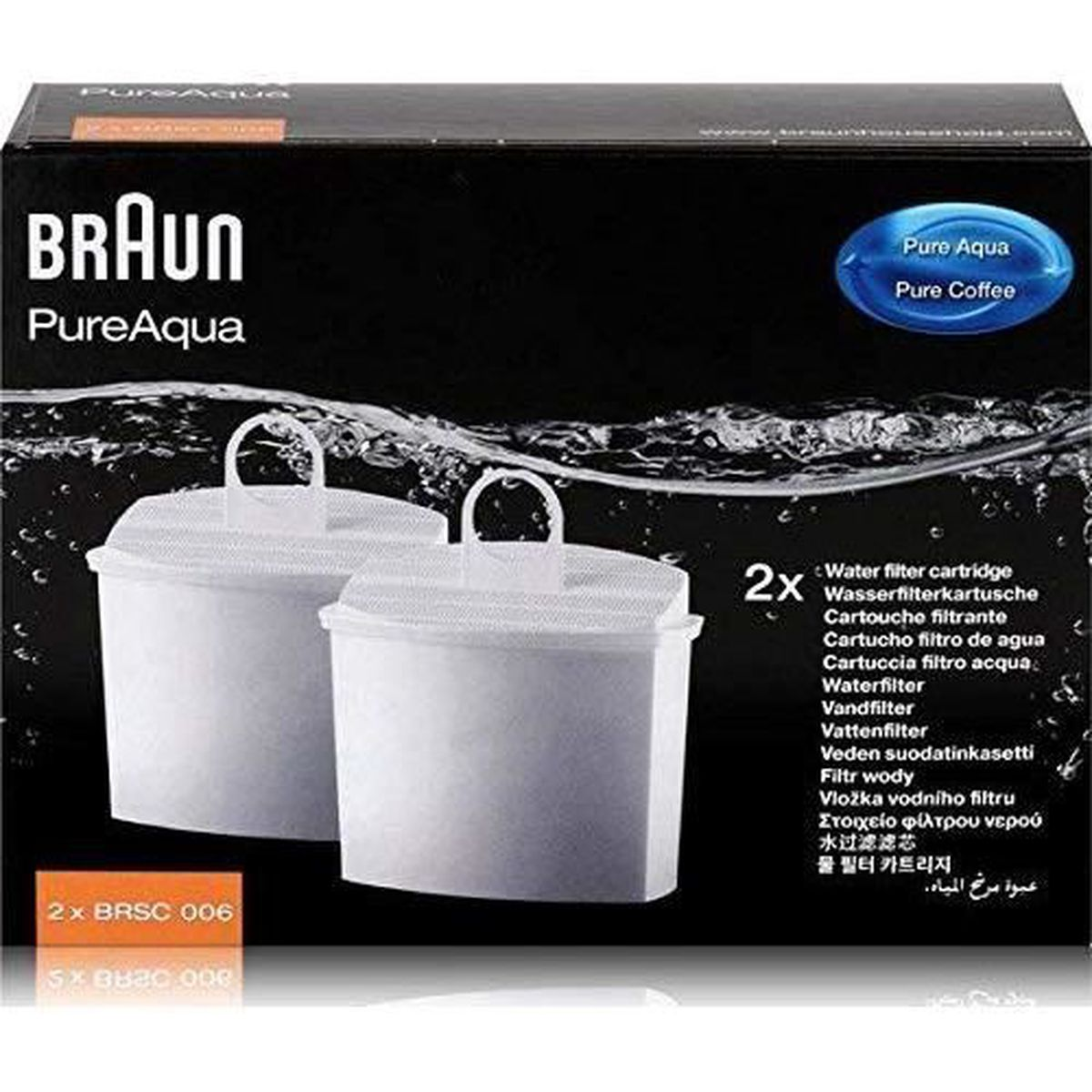 Zwei Braun PureAqua Wasserfilterpatronen in einer Schachtel mit Text und Bildern auf dunklem Hintergrund.