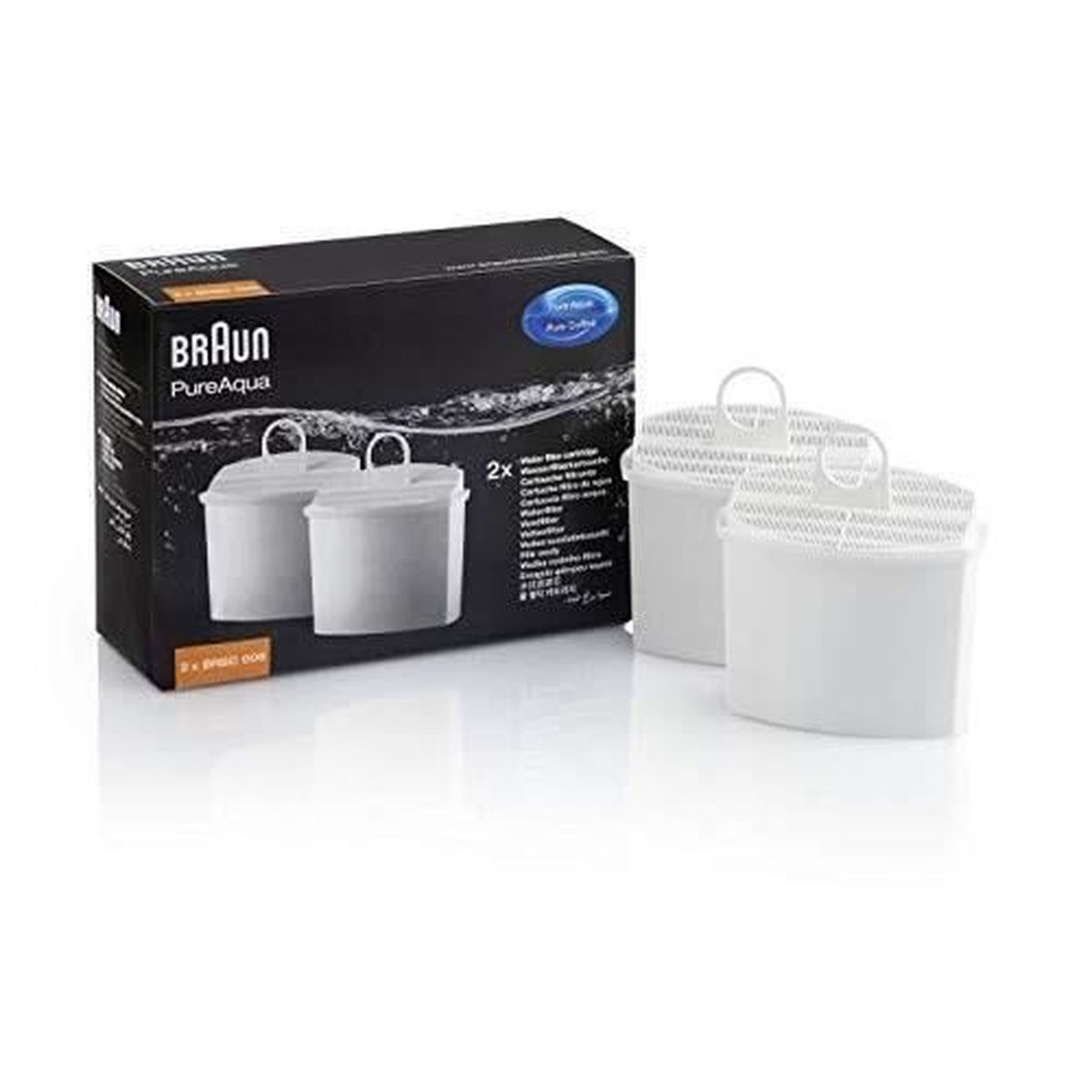 Braun PureAqua Wasserfilterboxen, mit Filtern und der Box.