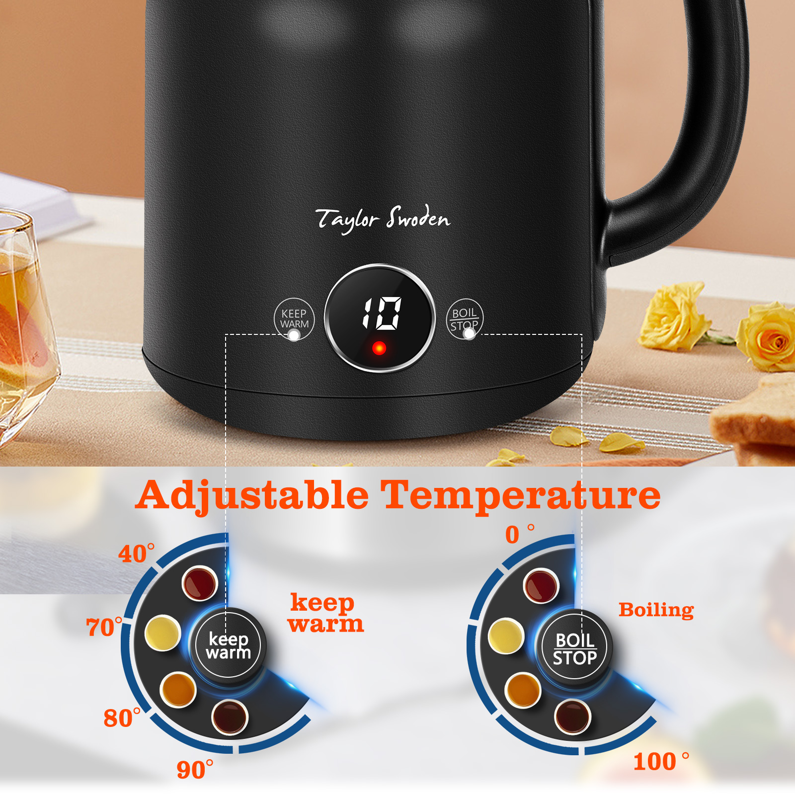 Schwarzer Wasserkocher mit digitaler Anzeige, Temperatureinstellungen und Markenlabel.