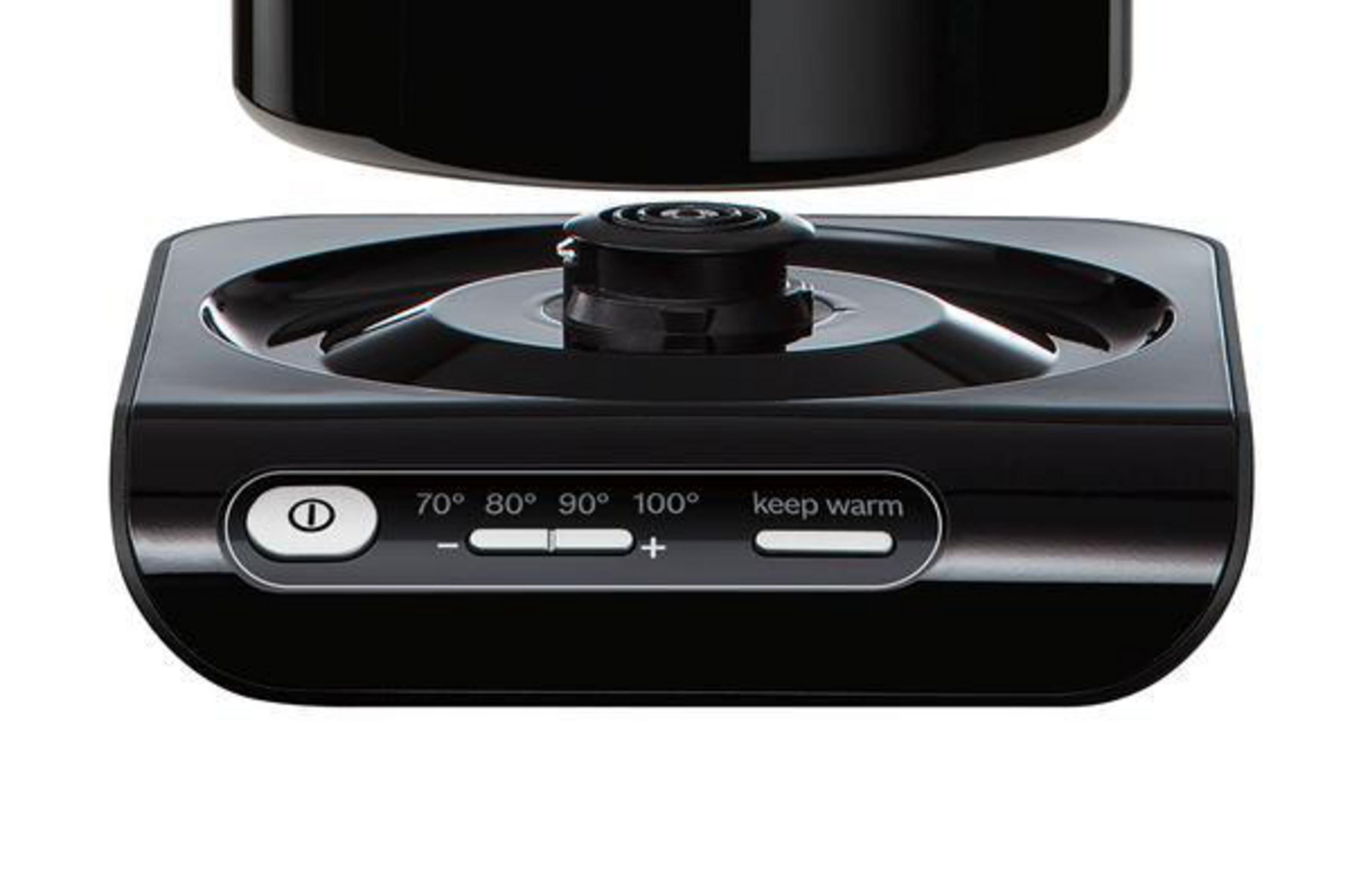 Czarny czajnik z przyciskami i ustawieniami temperatury na podstawie.