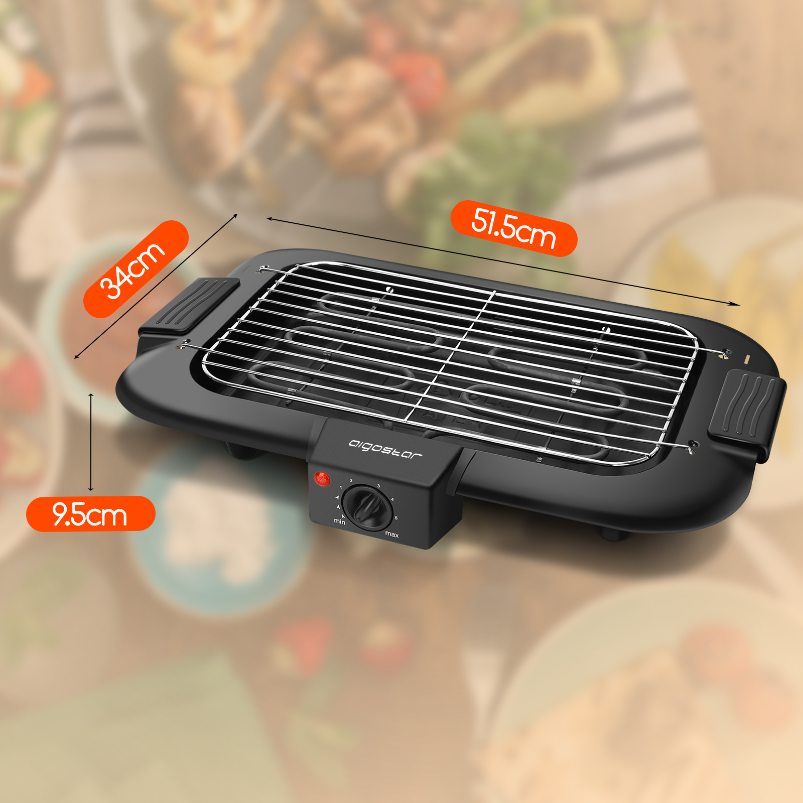 Parrilla eléctrica negra con dimensiones etiquetadas, sobre un fondo borroso de alimentos.