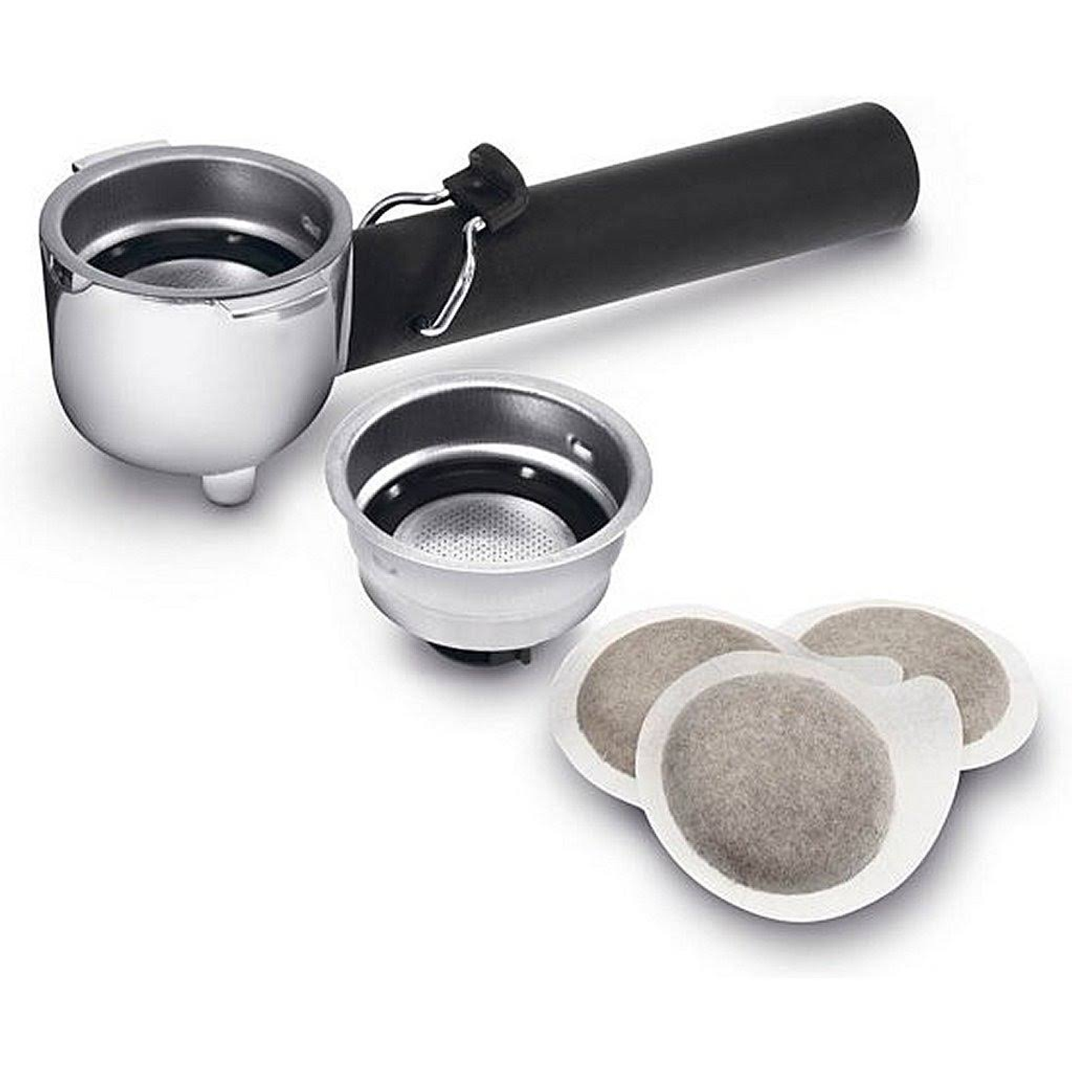 Elementy ekspresu do kawy: kolba, koszyki i kapsułki do kawy.