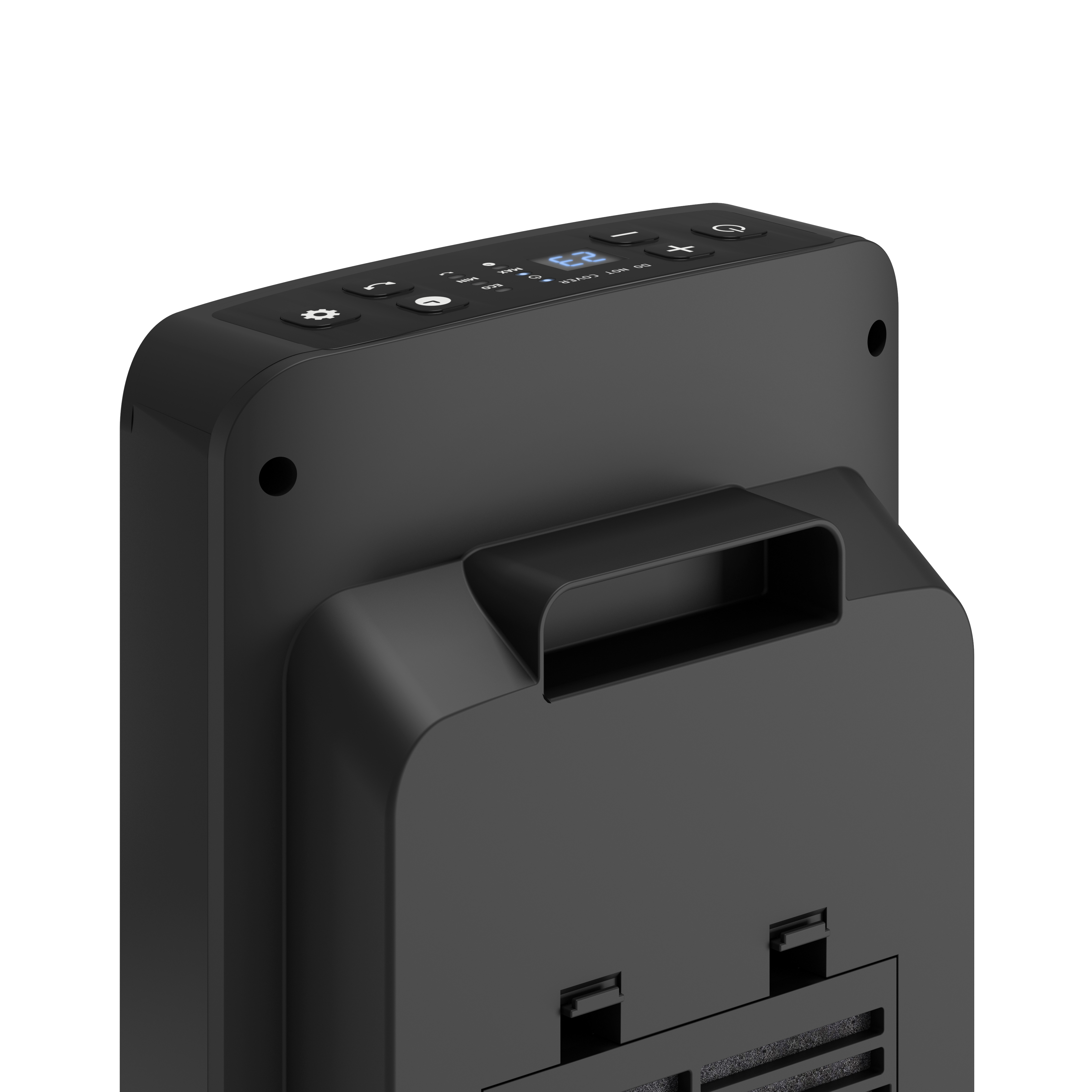 Czarne urządzenie z przyciskami, uchwytem i wyświetlaczem, widoczne z tyłu.