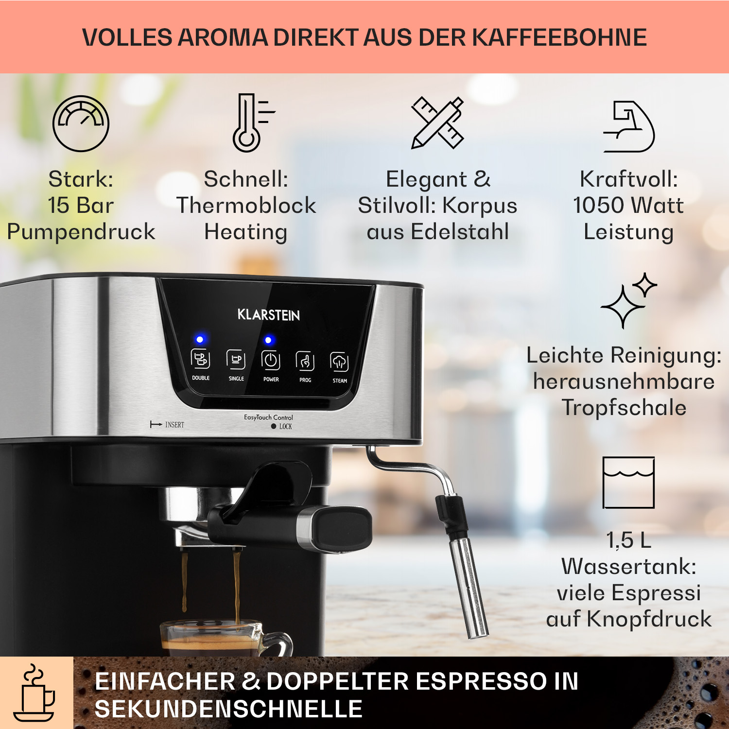 Eine Kaffeemaschine mit Knöpfen und einem Bildschirm, die eine Tasse und Text mit Funktionen zeigt.